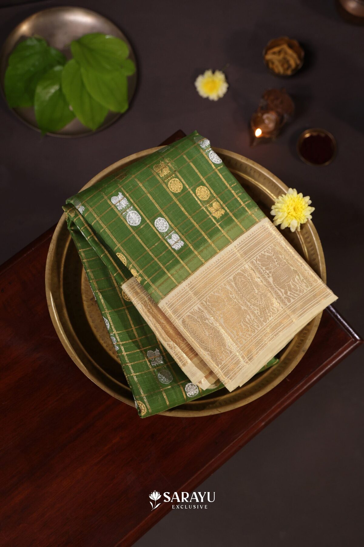 Green Kora Kanjivaram Silk Saree Gold Zari Checks – The Saffron House