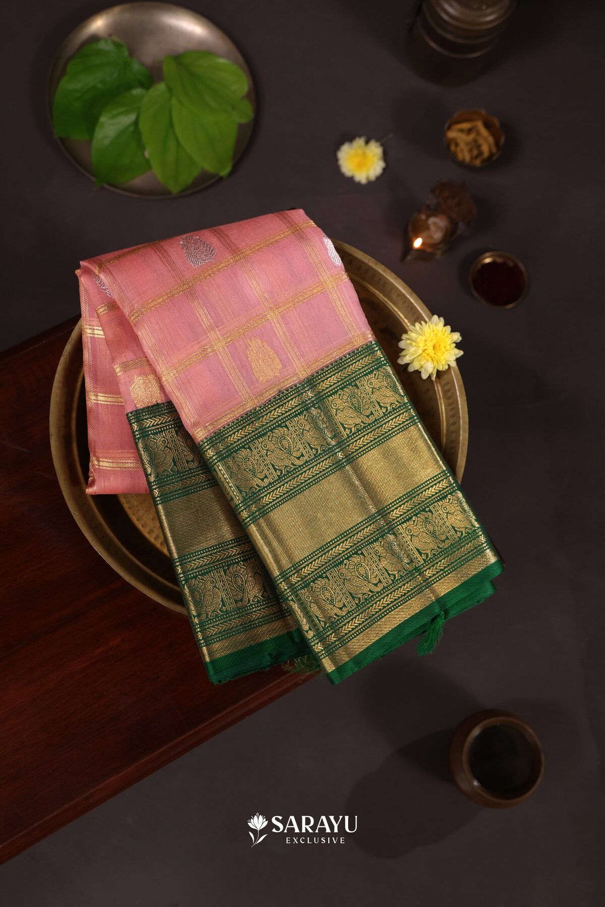 Kora Kanjivaram Silk Saree Peach Pink Green Gold Zari – The Saffron House