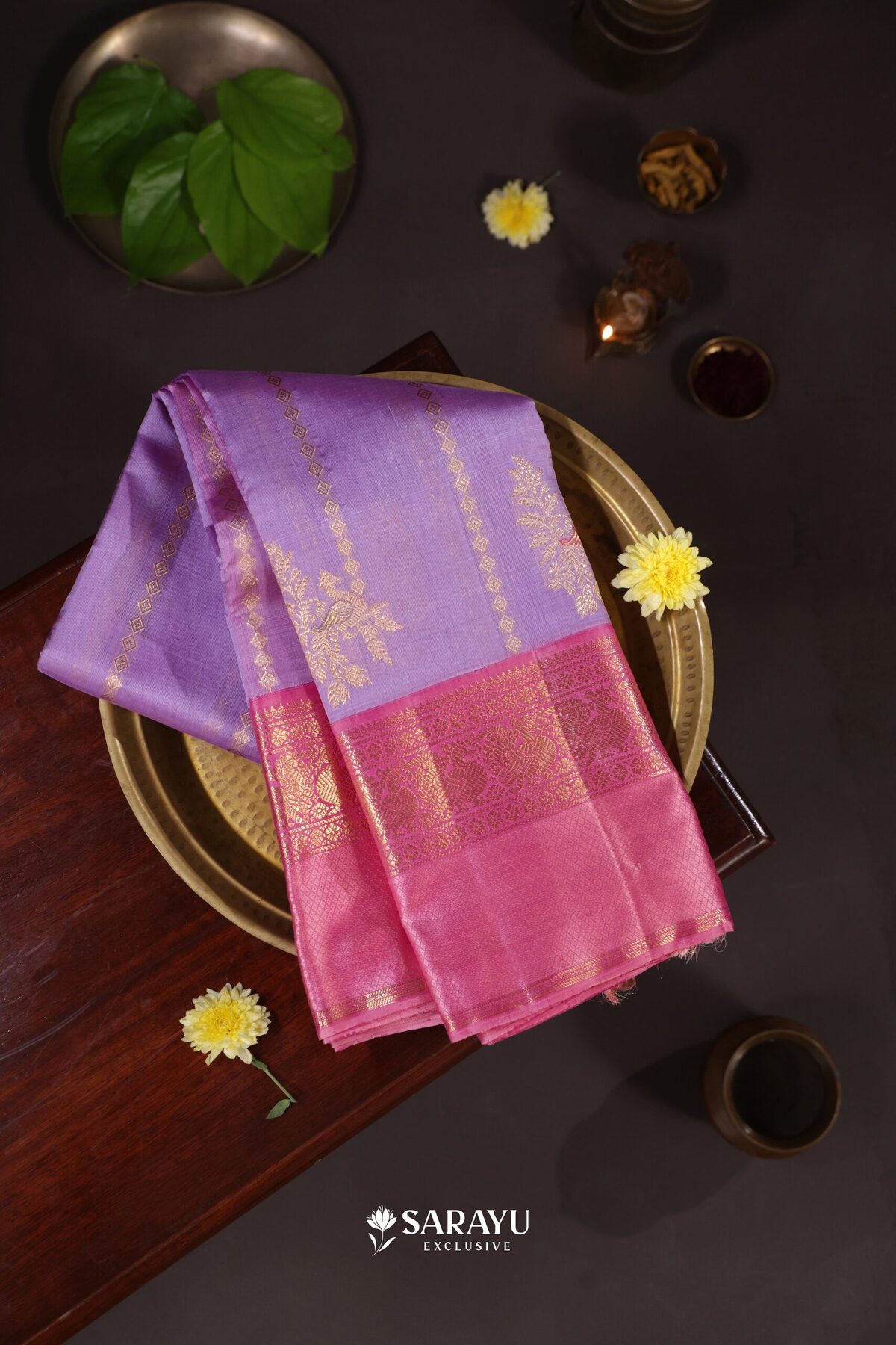Lavender Pink Kora Kanjivaram Silk Saree Floral Zari