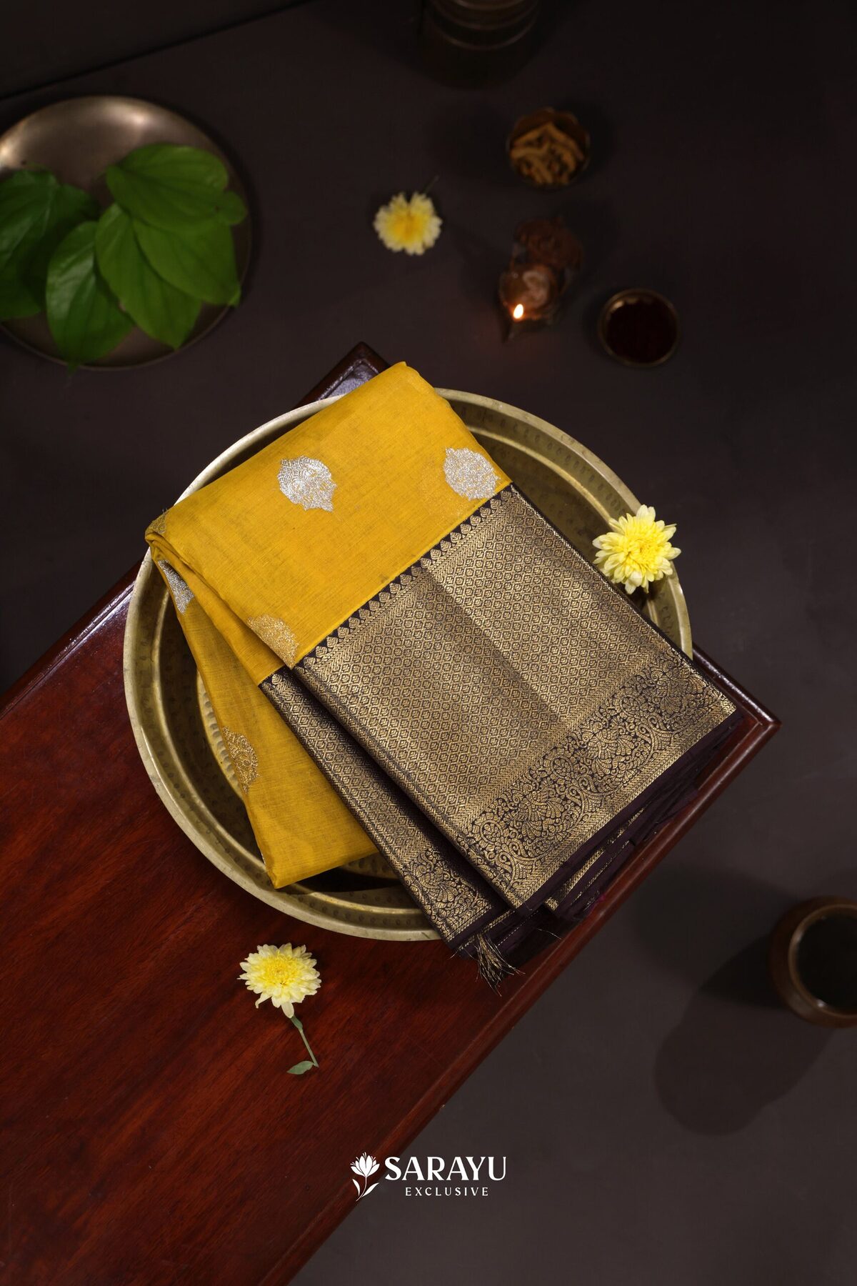 Mustard Dark Purple Kora Kanjivaram Silk Saree Silver Zari – The Saffron House
