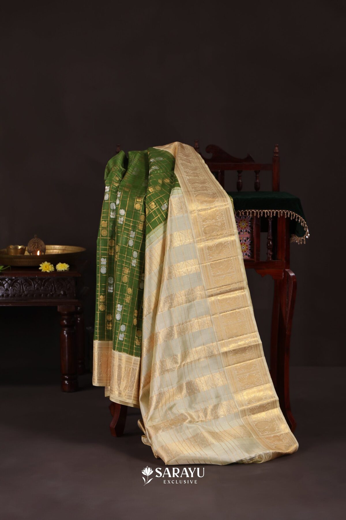 Green Kora Kanjivaram Silk Saree Gold Zari Checks – The Saffron House