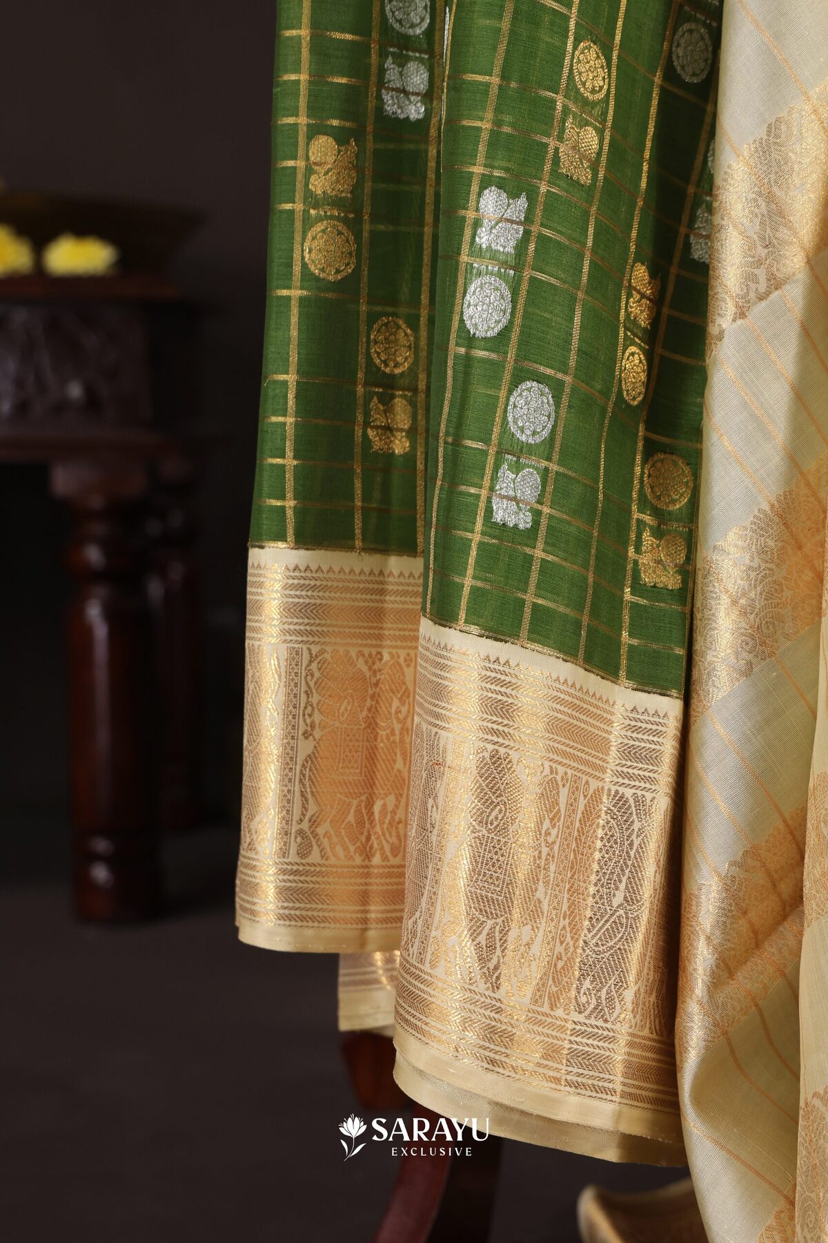 Green Kora Kanjivaram Silk Saree Gold Zari Checks – The Saffron House