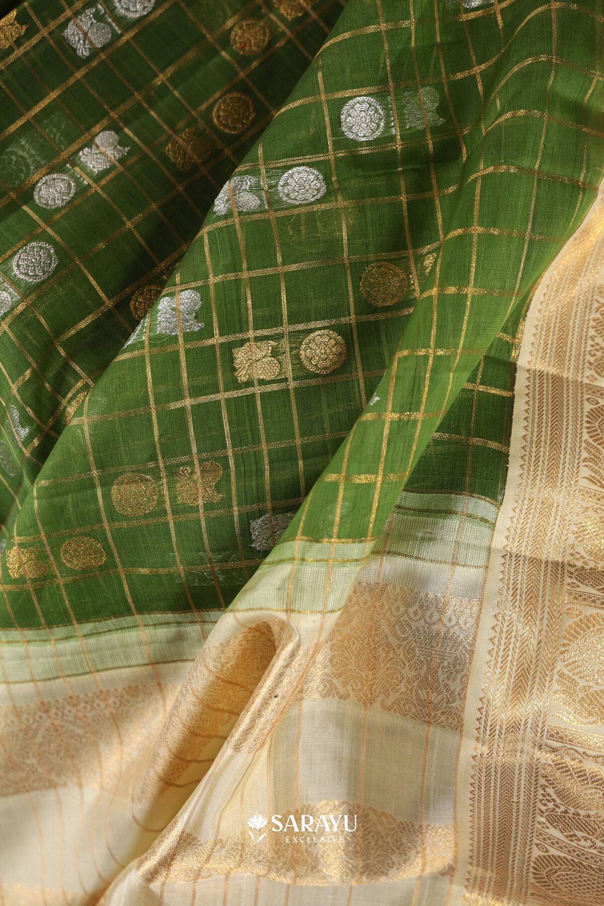 Green Kora Kanjivaram Silk Saree Gold Zari Checks – The Saffron House