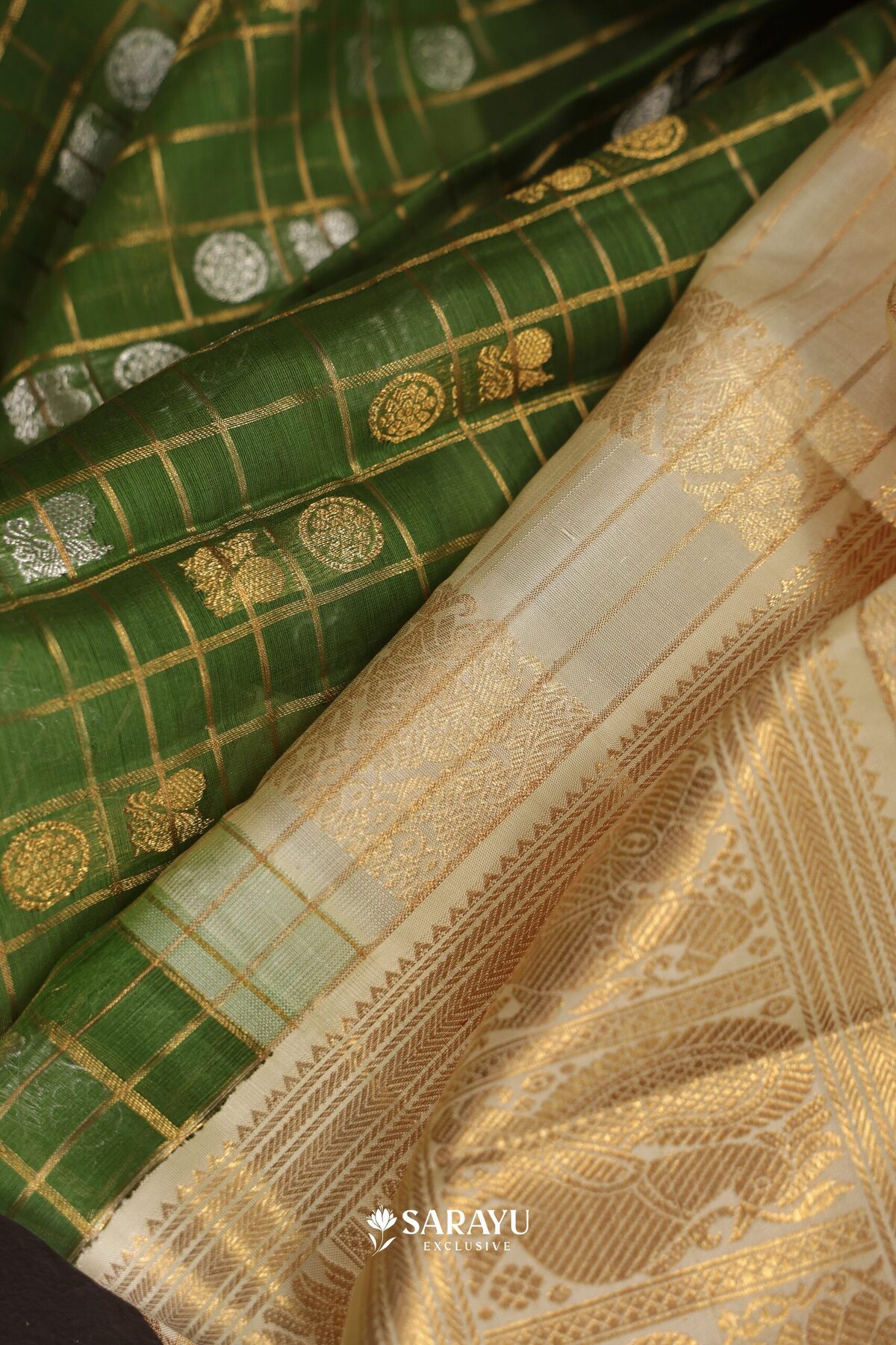Green Kora Kanjivaram Silk Saree Gold Zari Checks – The Saffron House