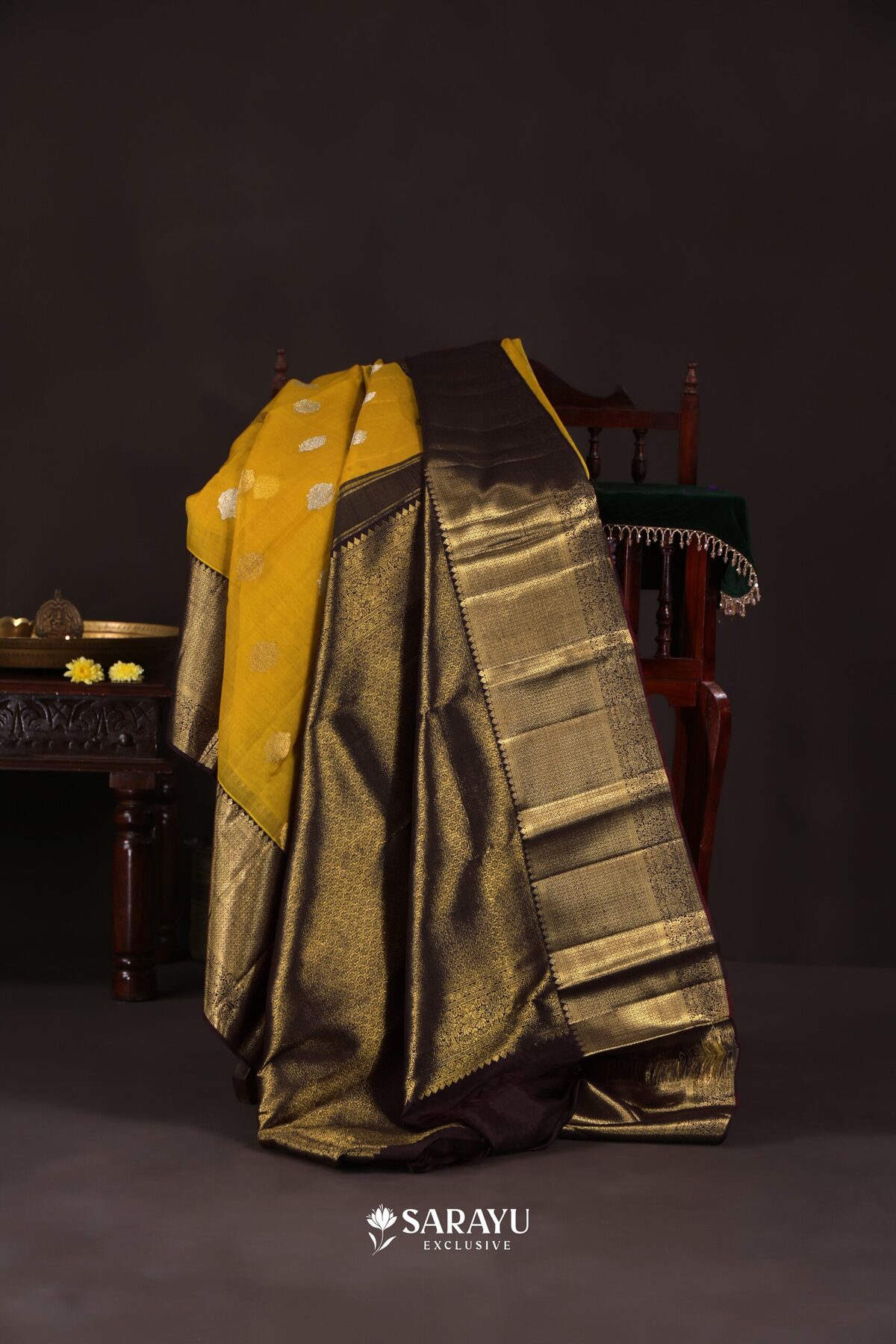 Mustard Dark Purple Kora Kanjivaram Silk Saree Silver Zari – The Saffron House