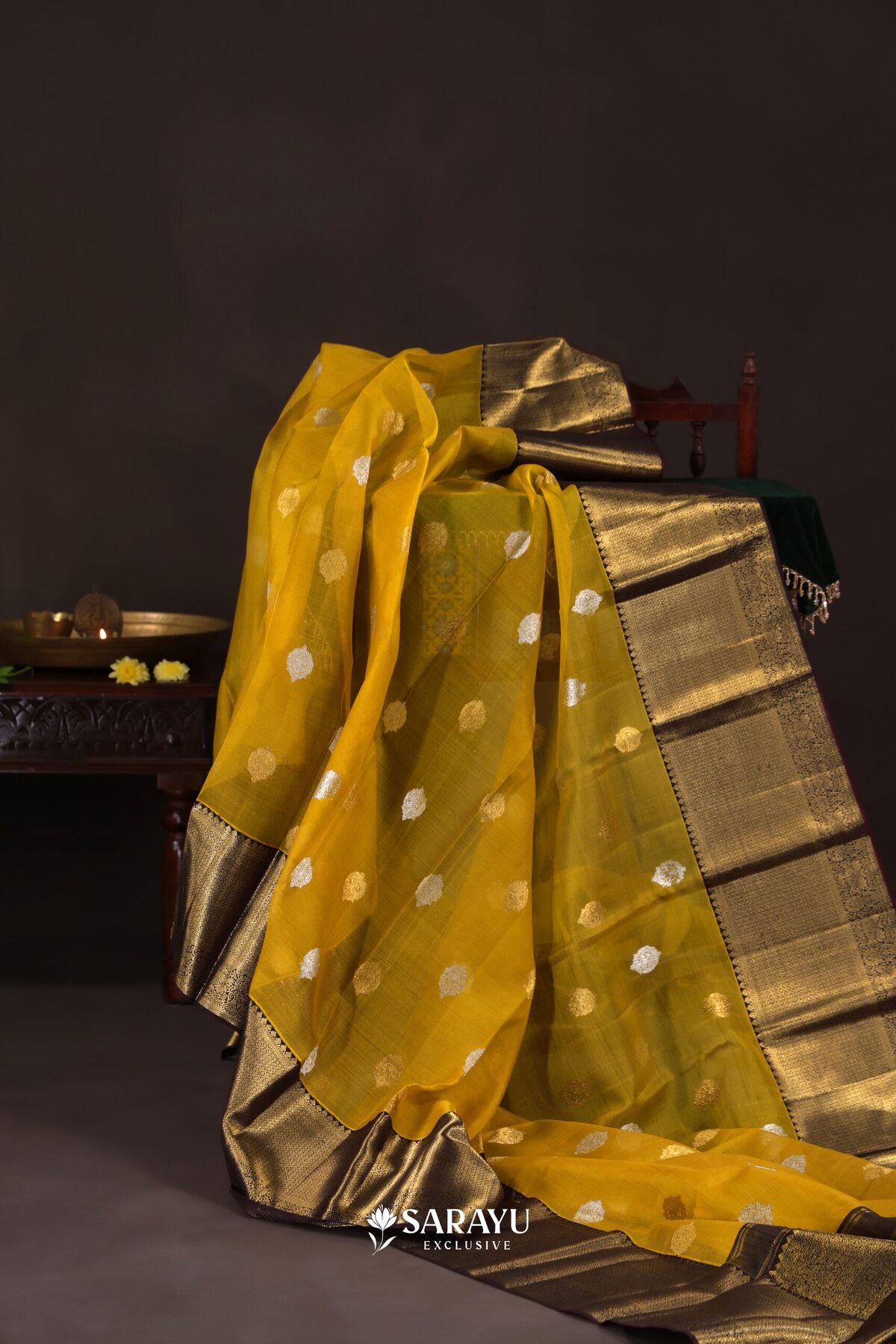 Mustard Dark Purple Kora Kanjivaram Silk Saree Silver Zari – The Saffron House