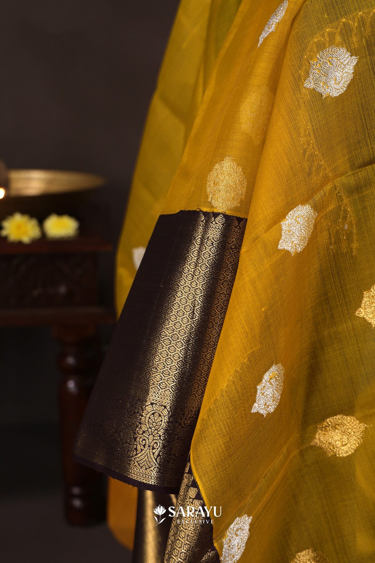 Mustard Dark Purple Kora Kanjivaram Silk Saree Silver Zari – The Saffron House