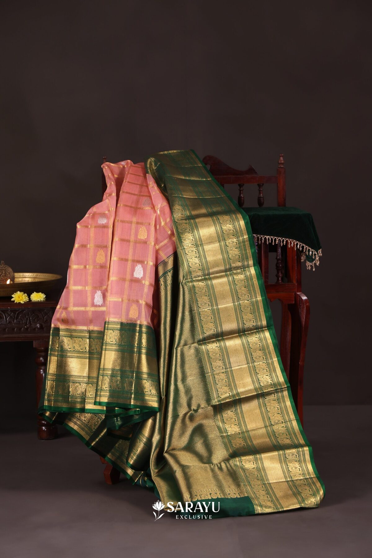 Kora Kanjivaram Silk Saree Peach Pink Green Gold Zari – The Saffron House