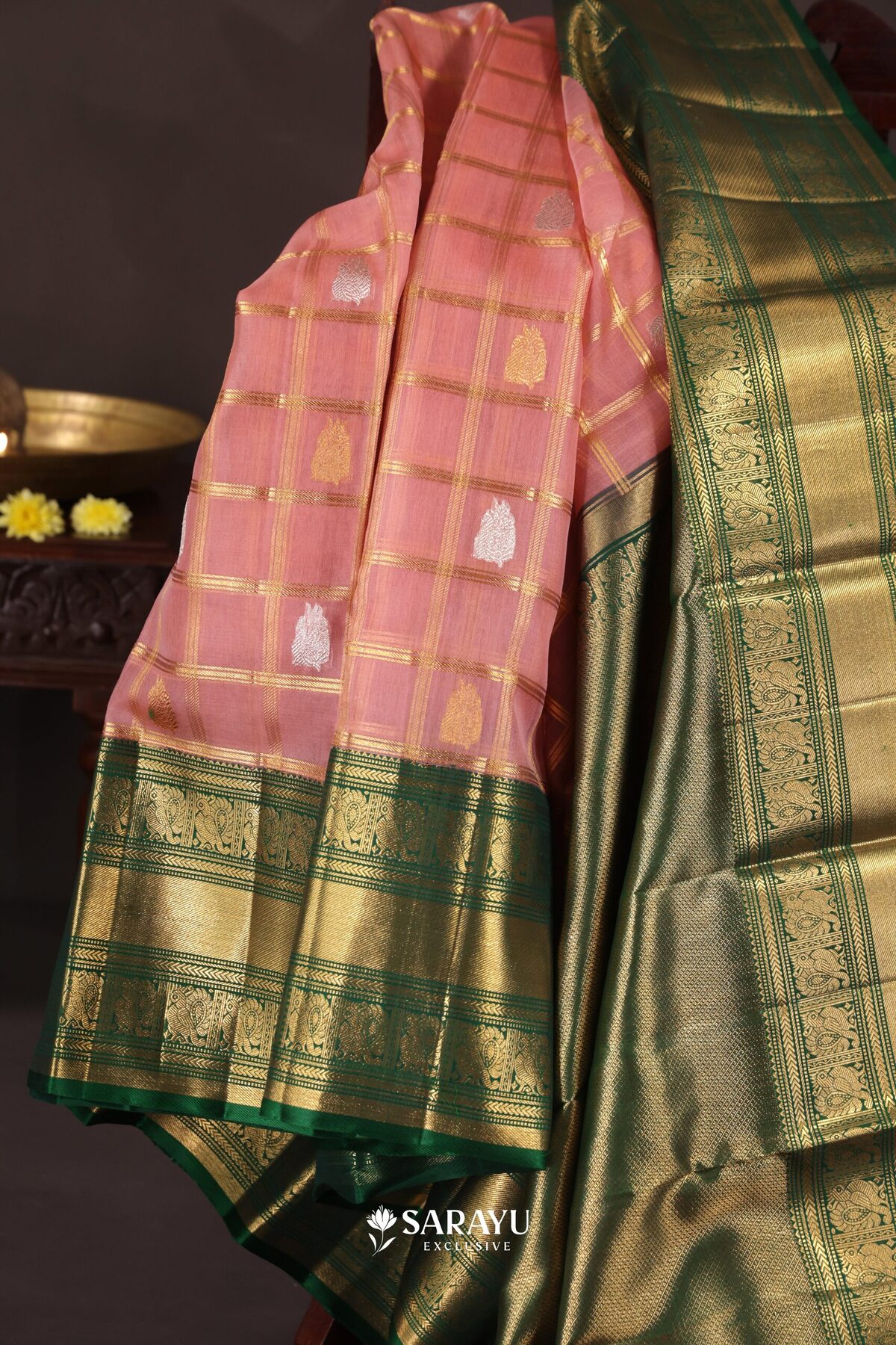 Kora Kanjivaram Silk Saree Peach Pink Green Gold Zari – The Saffron House
