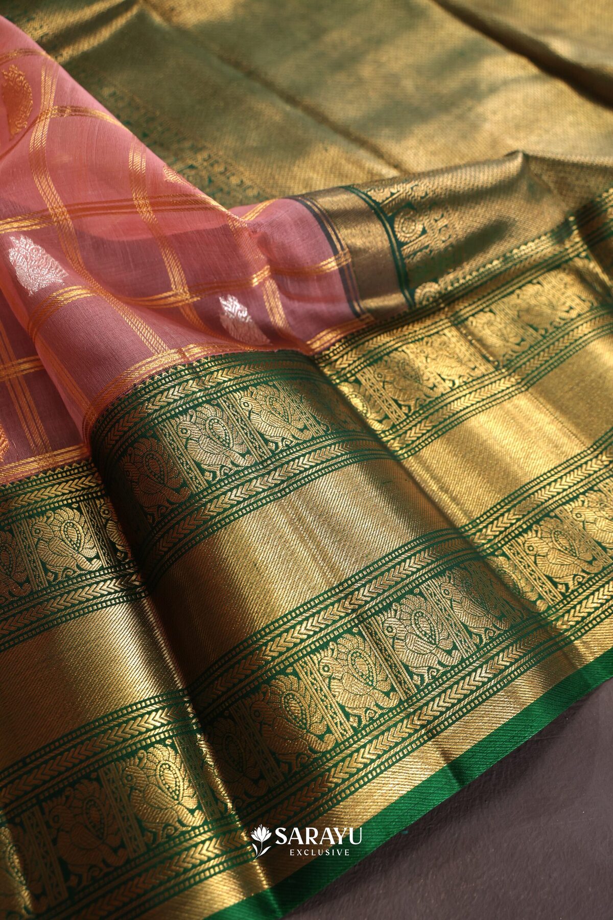 Kora Kanjivaram Silk Saree Peach Pink Green Gold Zari – The Saffron House