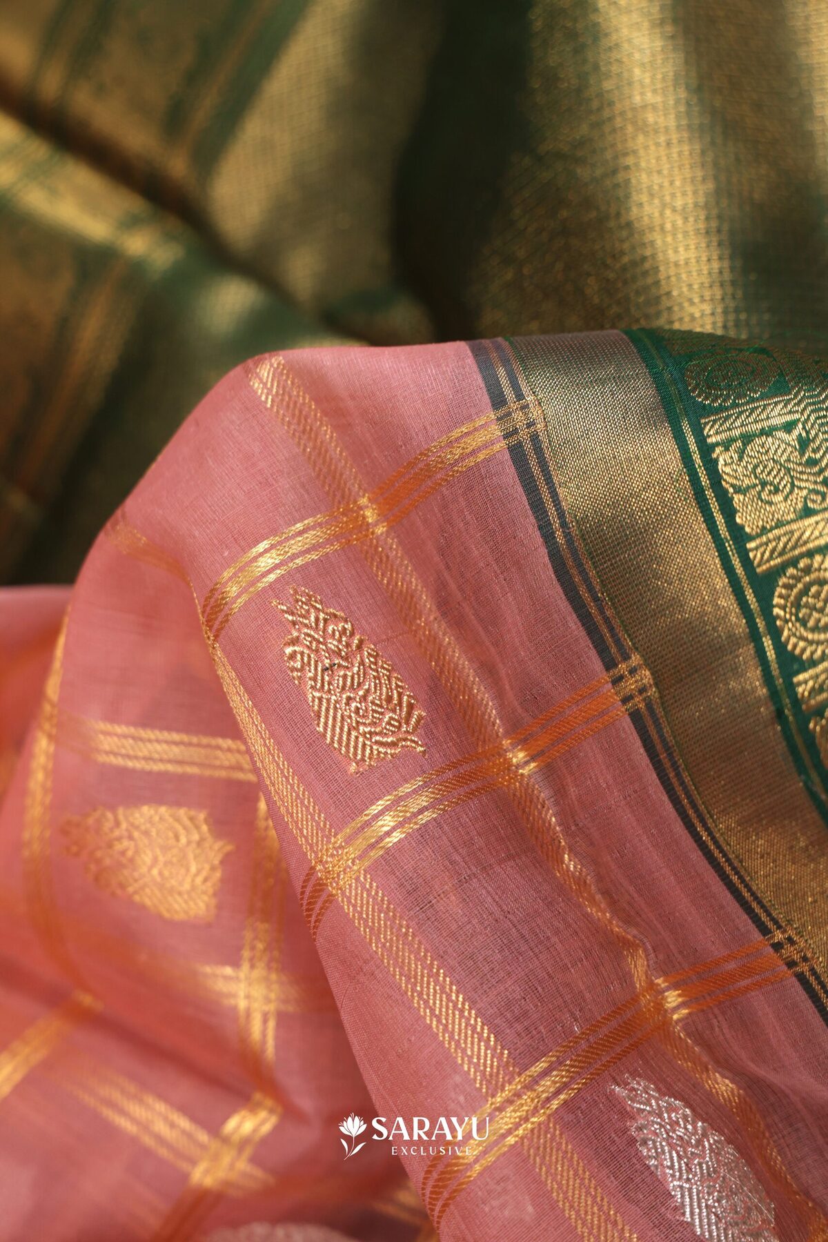 Kora Kanjivaram Silk Saree Peach Pink Green Gold Zari – The Saffron House