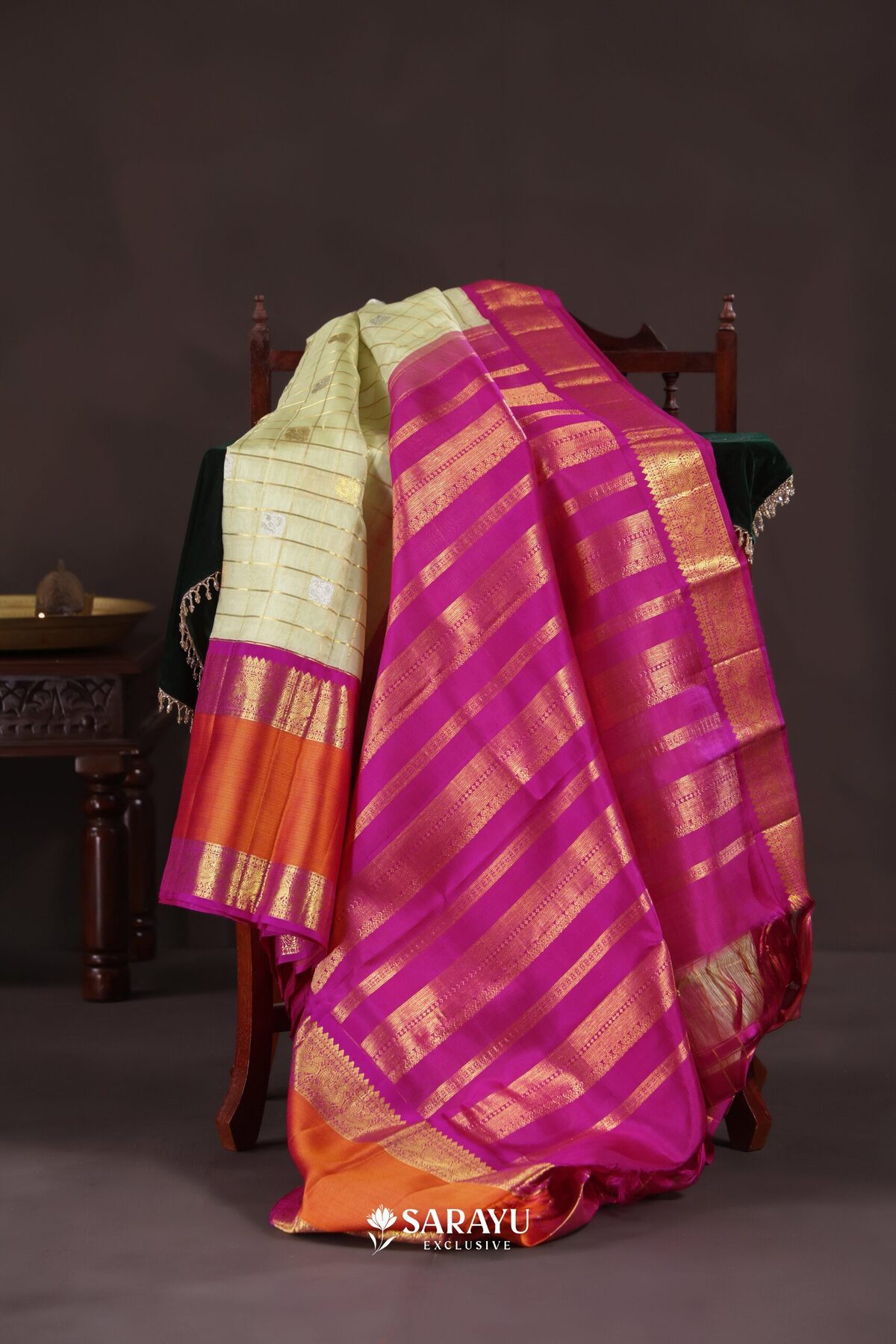 Pista Green Magenta Kora Kanjivaram Silk Saree Zari – The Saffron House