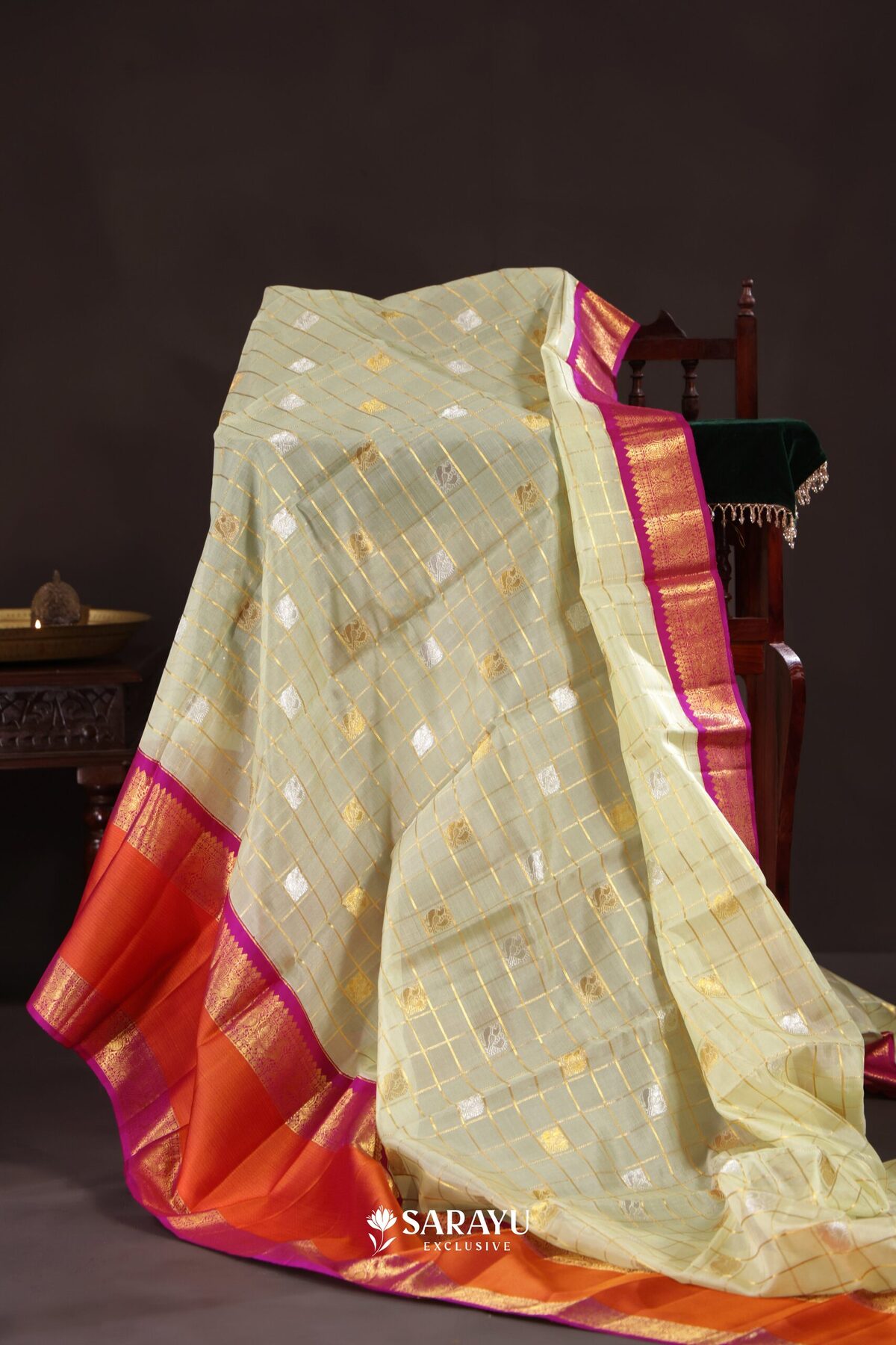 Pista Green Magenta Kora Kanjivaram Silk Saree Zari – The Saffron House