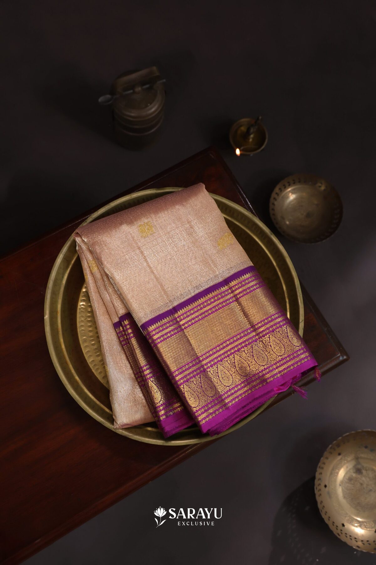Rose Gold Purple Kora Kanjivaram Silk Saree Zari