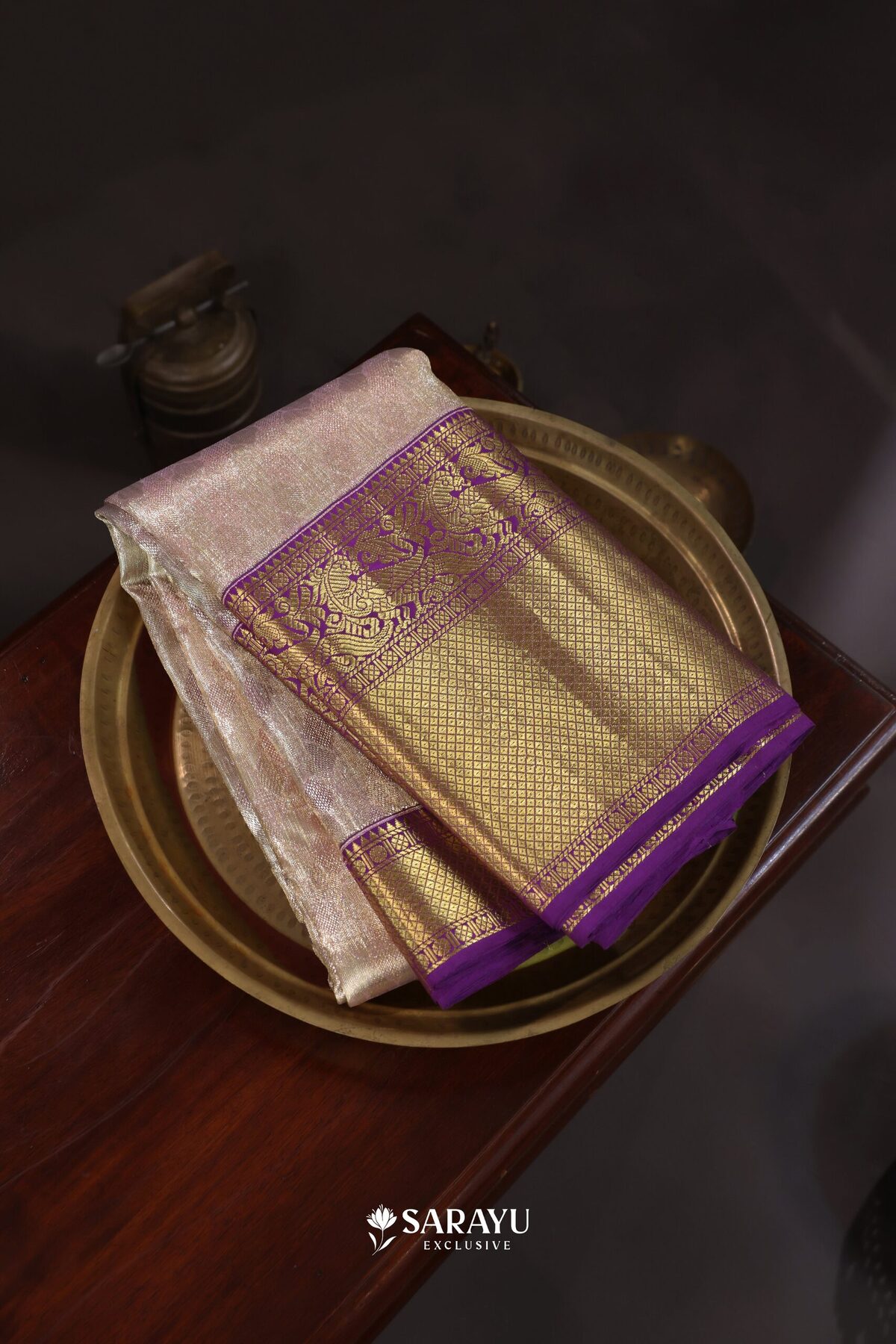 Tissue Gold Purple Kora Kanjivaram Silk Saree Full Zari – The Saffron House