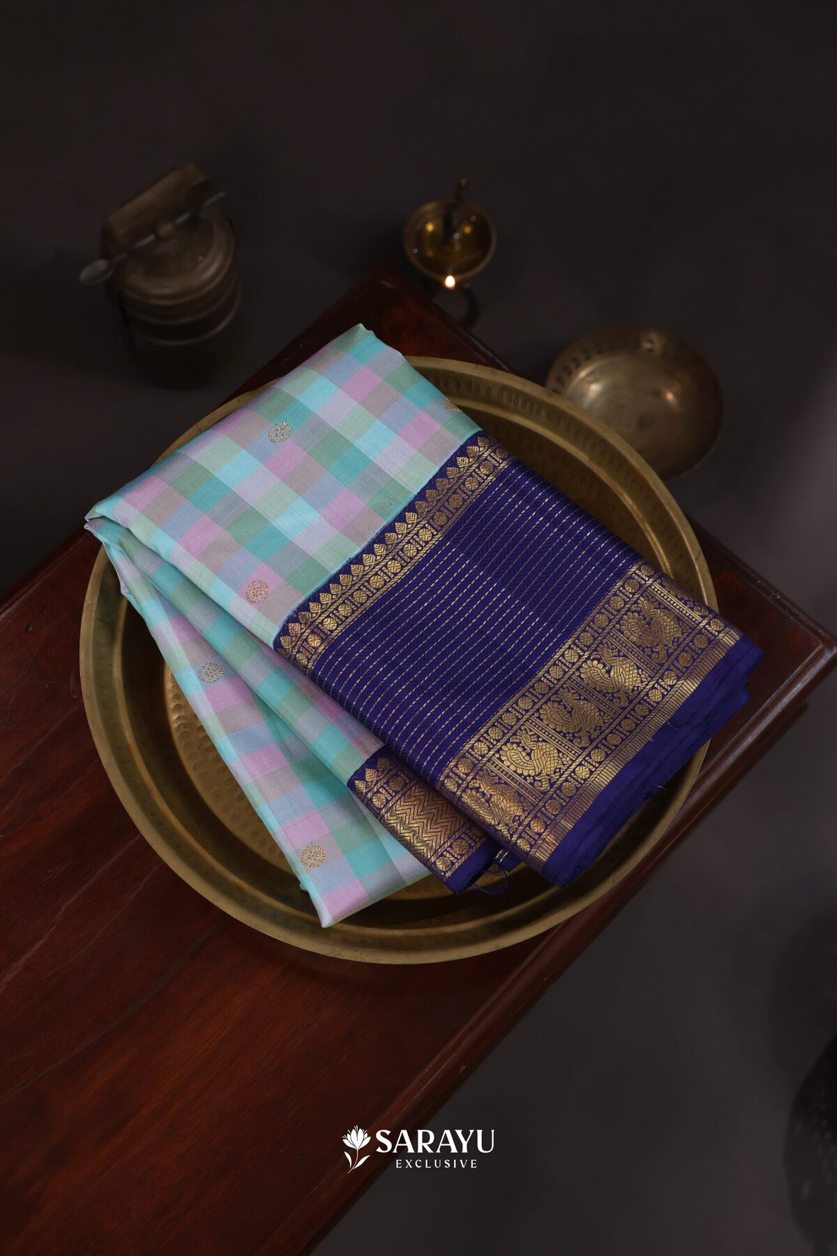 Pastel Check Navy Kanchivaram Silk Saree Gold Zari