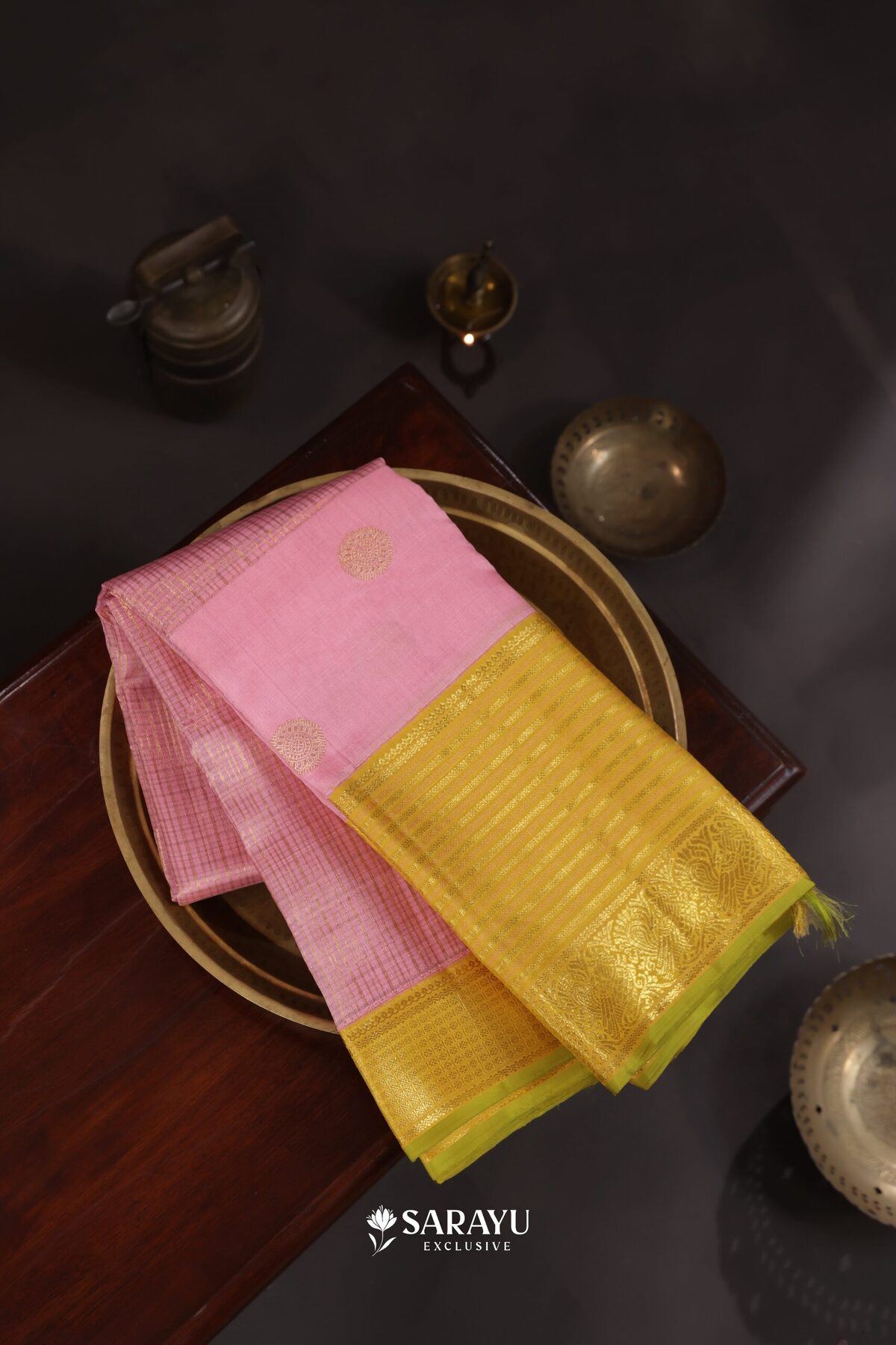 Baby Pink Yellow Kora Kanjivaram Silk Saree Gold Zari – The Saffron House