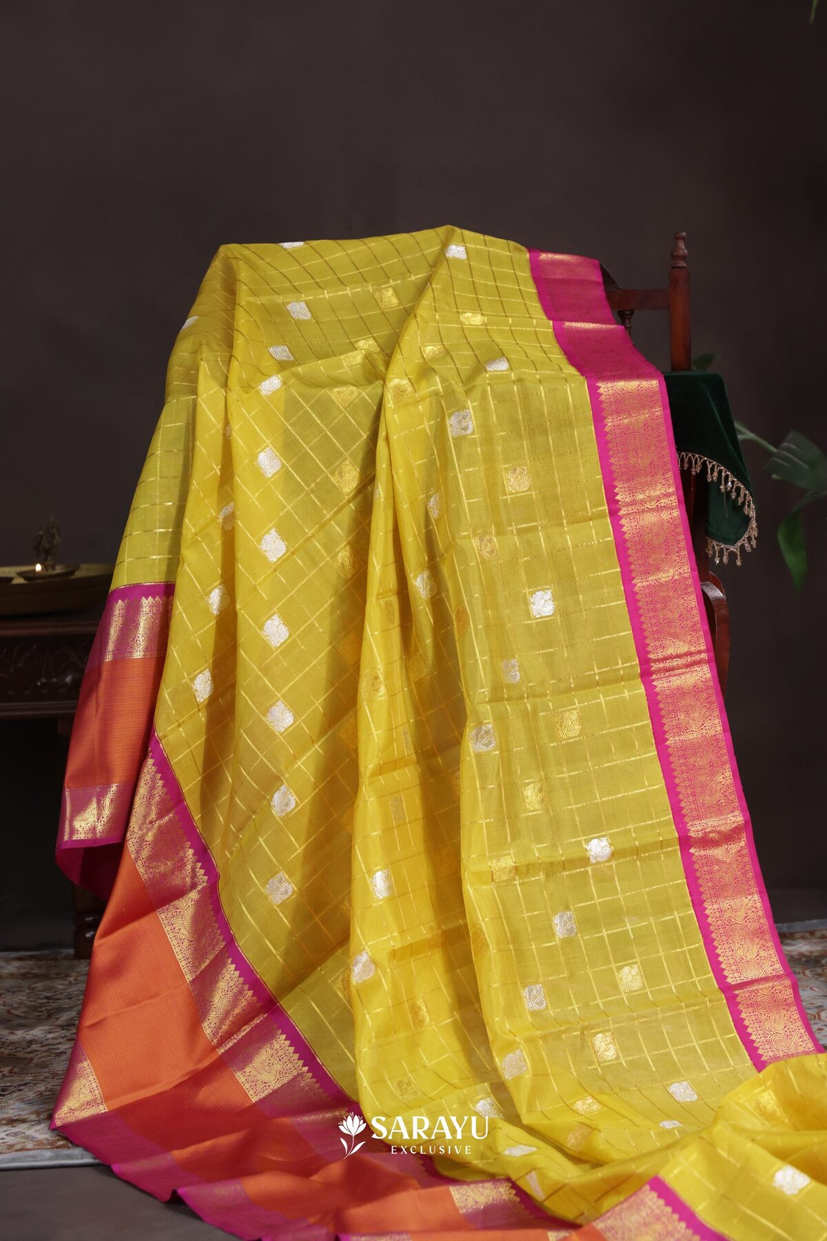 Lime Yellow Orange Kora Kanjivaram Silk Saree Silver Zari – The Saffron House