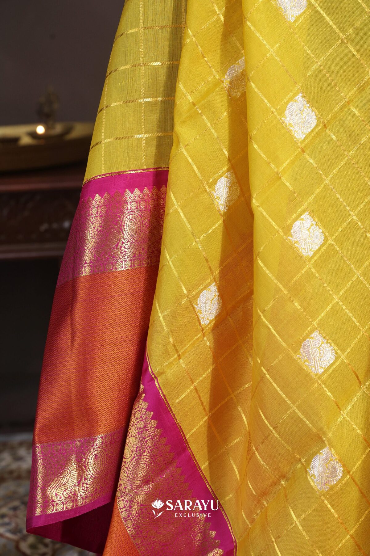Lime Yellow Orange Kora Kanjivaram Silk Saree Silver Zari – The Saffron House