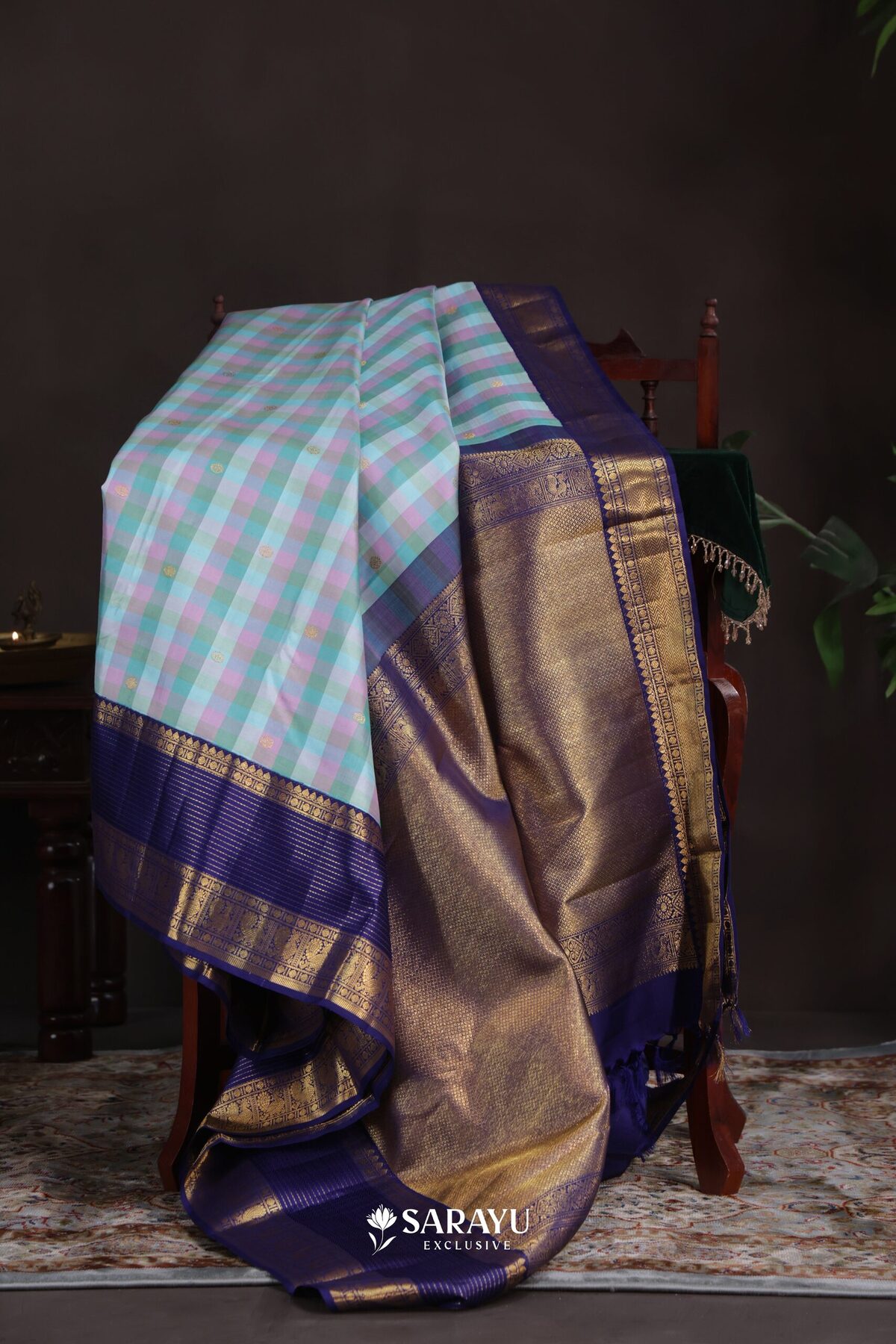 Pastel Check Navy Kanchivaram Silk Saree Gold Zari – The Saffron House