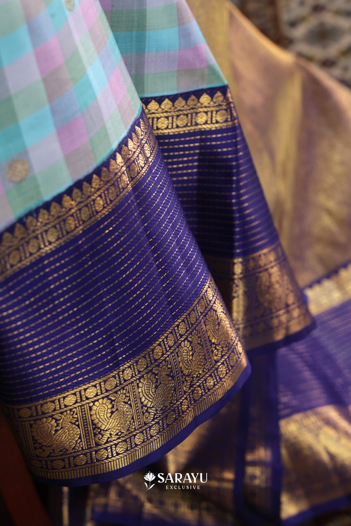 Pastel Check Navy Kanchivaram Silk Saree Gold Zari – The Saffron House