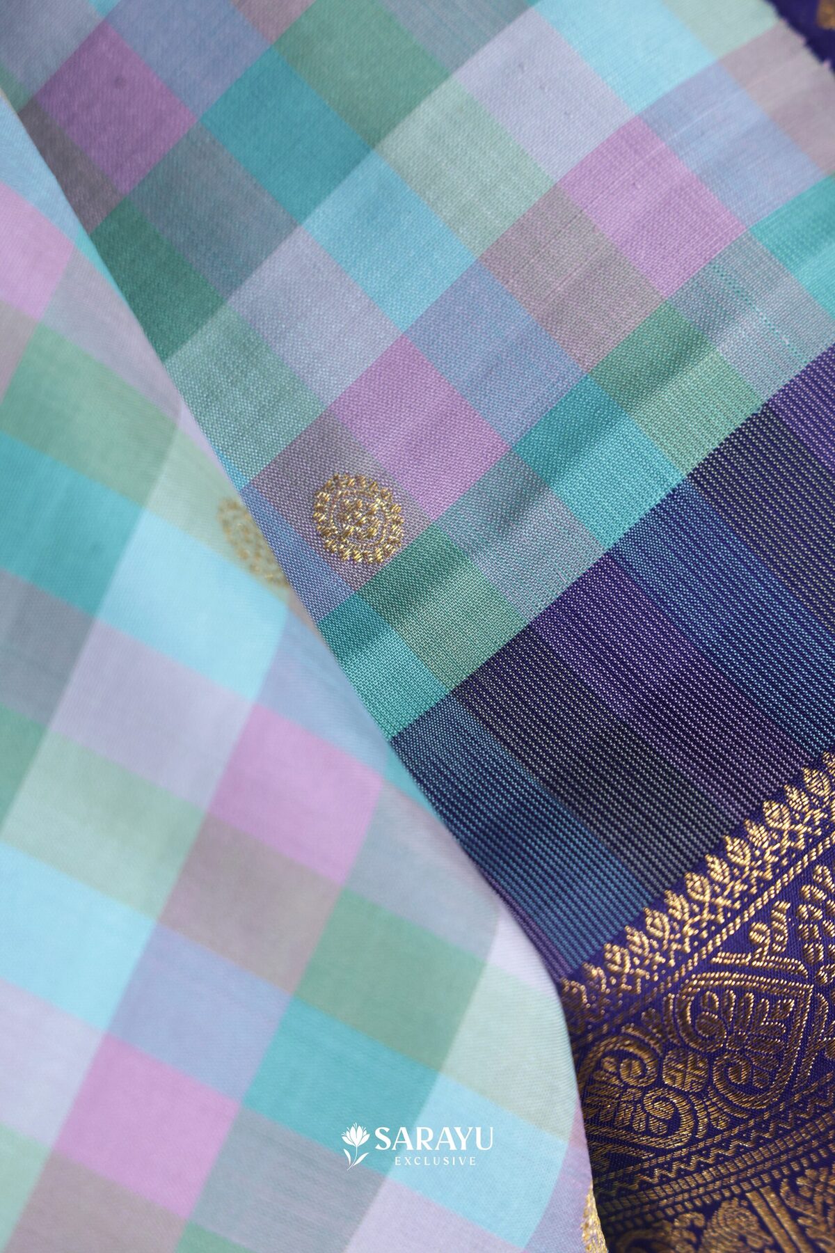Pastel Check Navy Kanchivaram Silk Saree Gold Zari – The Saffron House