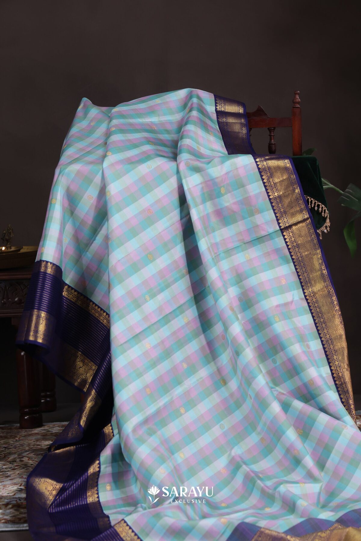 Pastel Check Navy Kanchivaram Silk Saree Gold Zari – The Saffron House