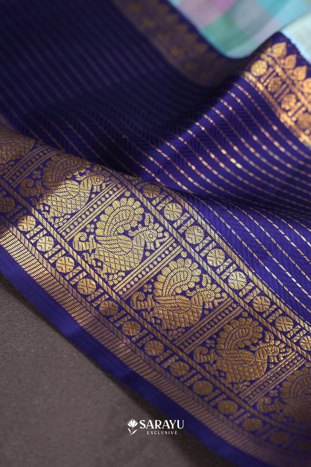 Pastel Check Navy Kanchivaram Silk Saree Gold Zari – The Saffron House
