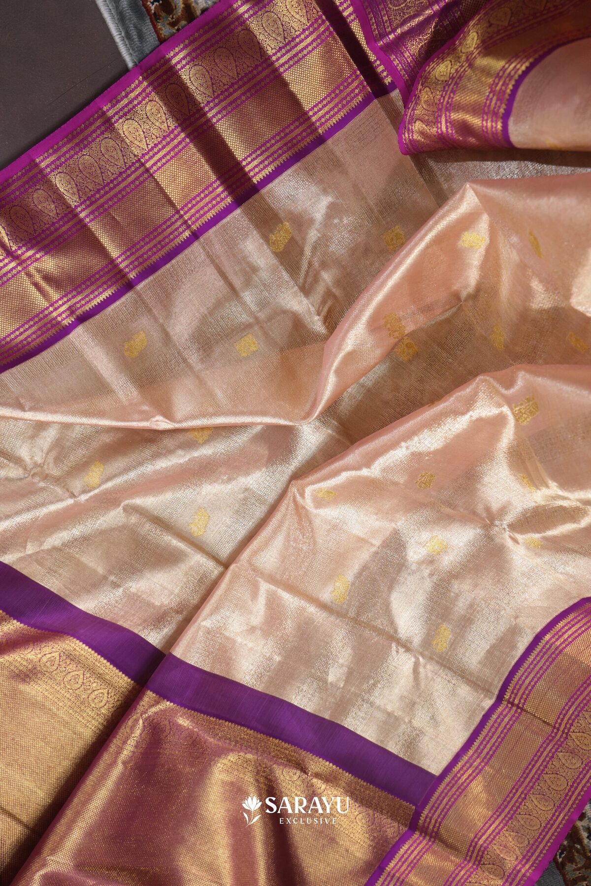 Rose Gold Purple Kora Kanjivaram Silk Saree Zari – The Saffron House