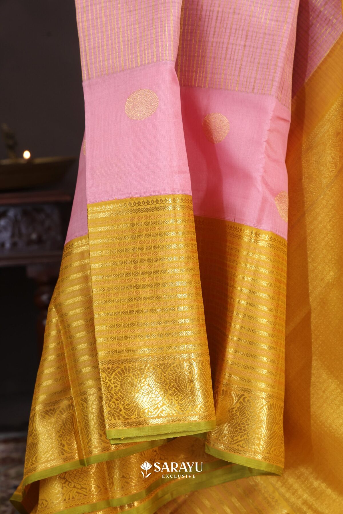 Baby Pink Yellow Kora Kanjivaram Silk Saree Gold Zari – The Saffron House