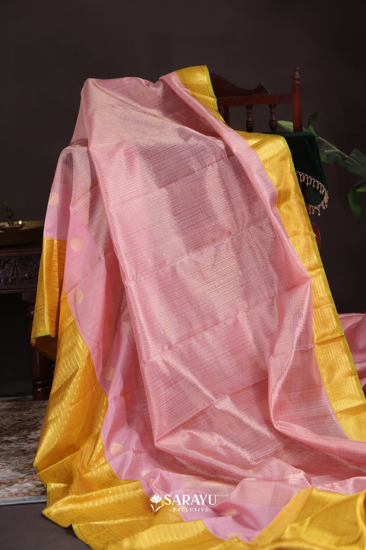 Baby Pink Yellow Kora Kanjivaram Silk Saree Gold Zari – The Saffron House
