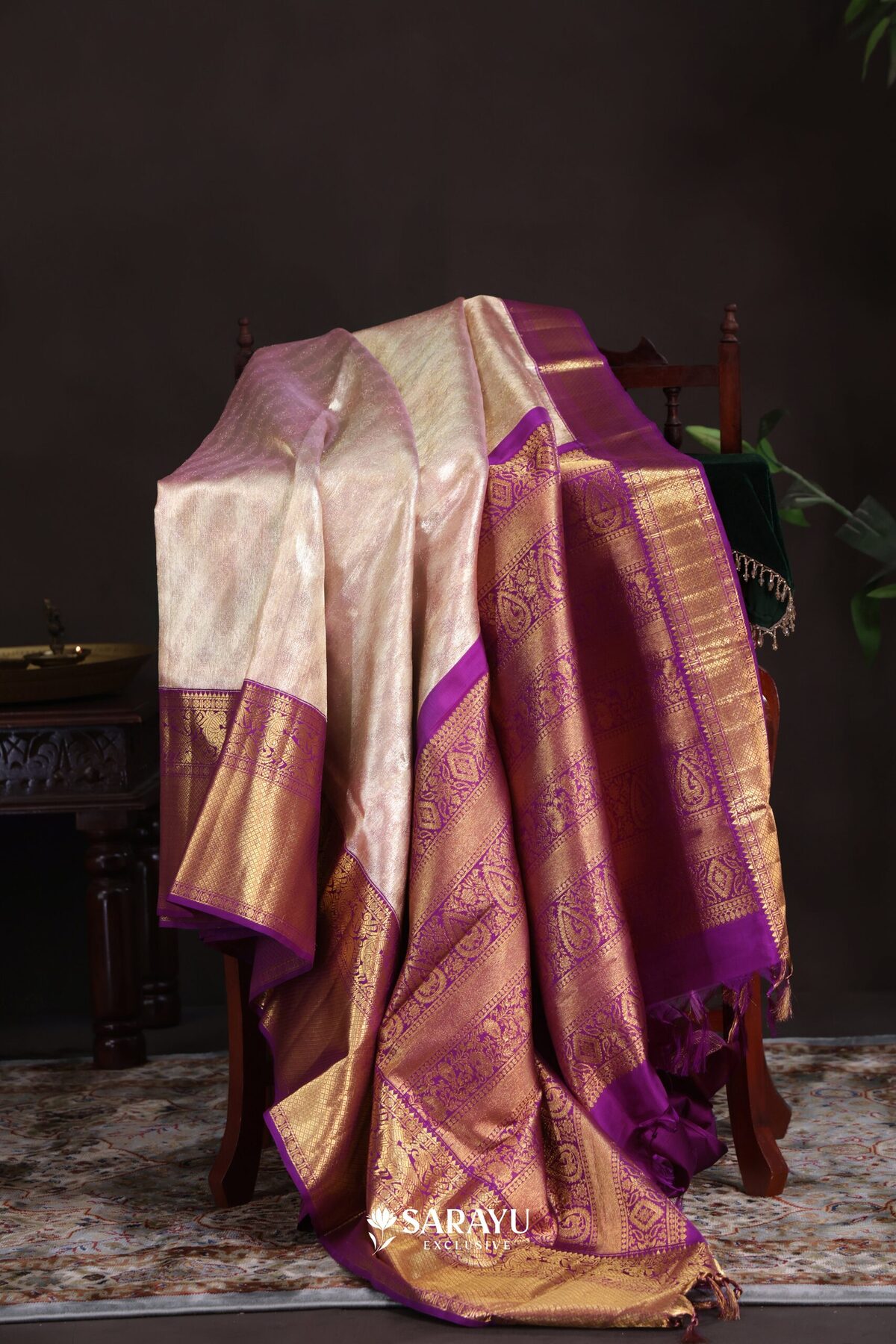 Tissue Gold Purple Kora Kanjivaram Silk Saree Full Zari – The Saffron House