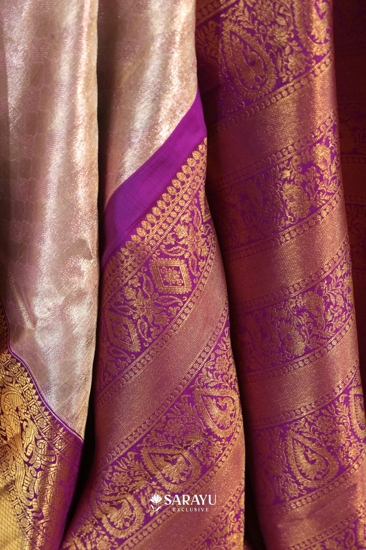Tissue Gold Purple Kora Kanjivaram Silk Saree Full Zari – The Saffron House