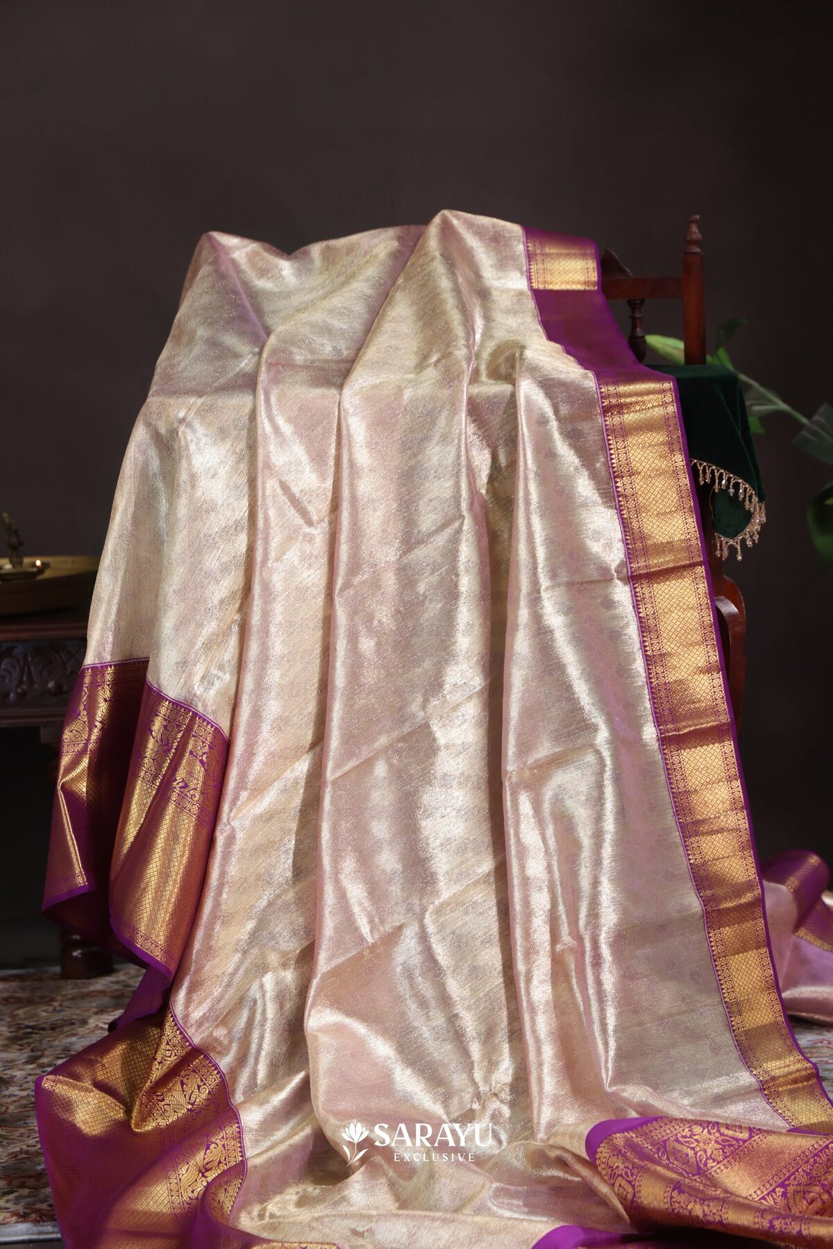 Tissue Gold Purple Kora Kanjivaram Silk Saree Full Zari – The Saffron House
