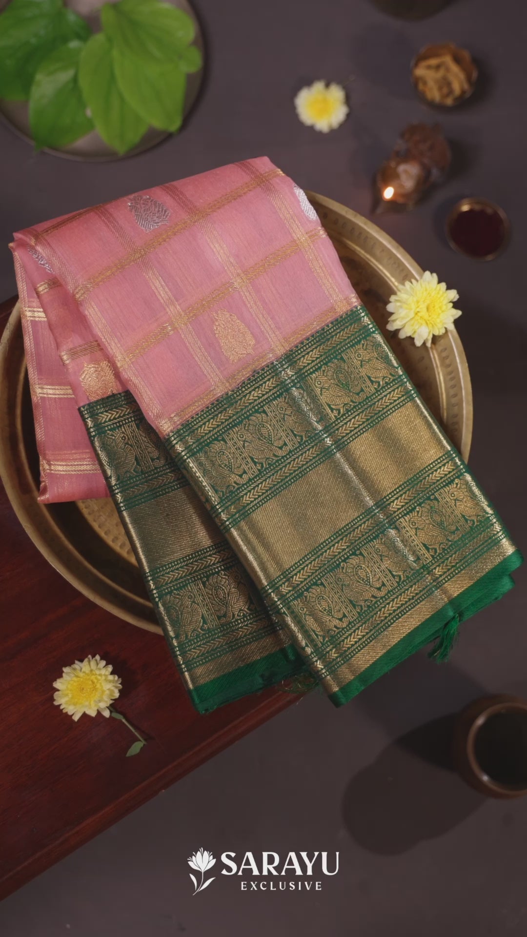 Kora Kanjivaram Silk Saree Peach Pink Green Gold Zari – The Saffron House