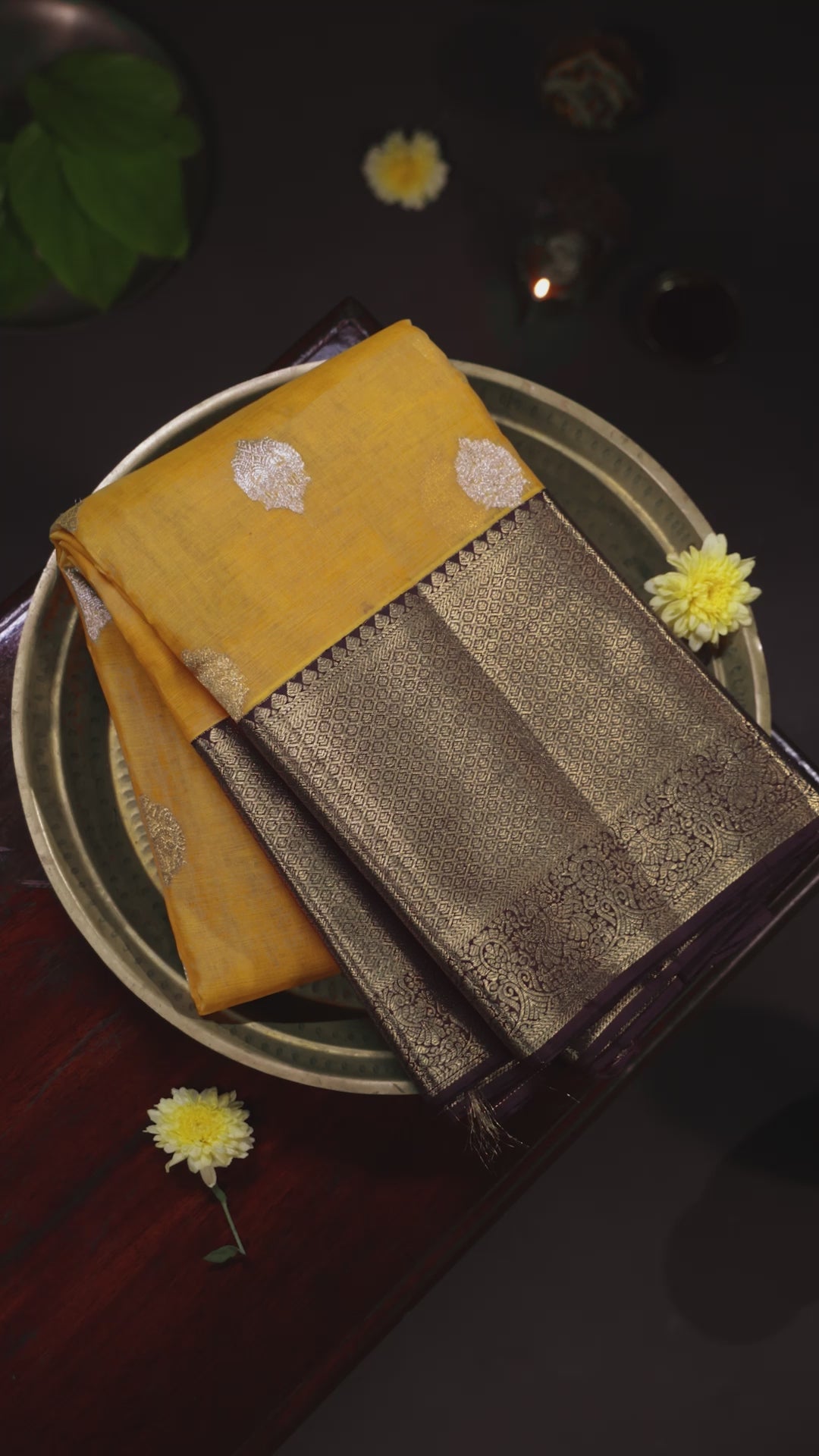 Mustard Dark Purple Kora Kanjivaram Silk Saree Silver Zari – The Saffron House
