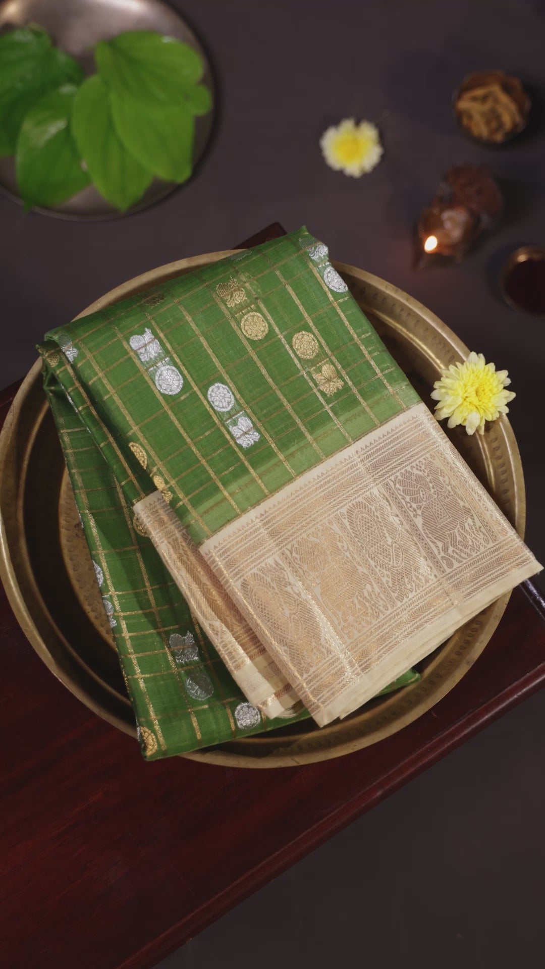 Green Kora Kanjivaram Silk Saree Gold Zari Checks – The Saffron House