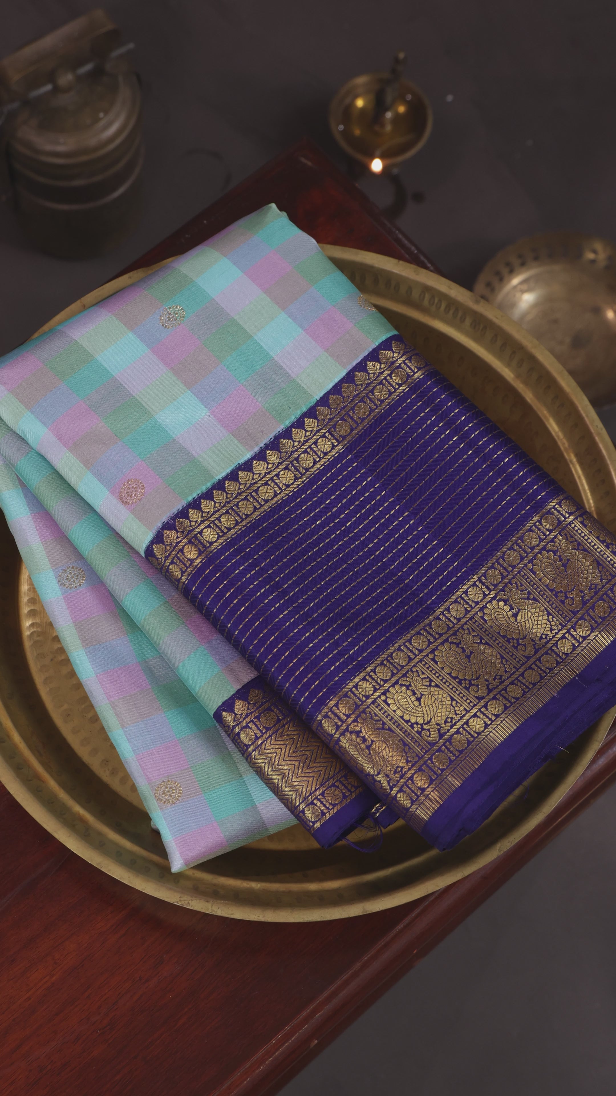 Pastel Check Navy Kanchivaram Silk Saree Gold Zari – The Saffron House