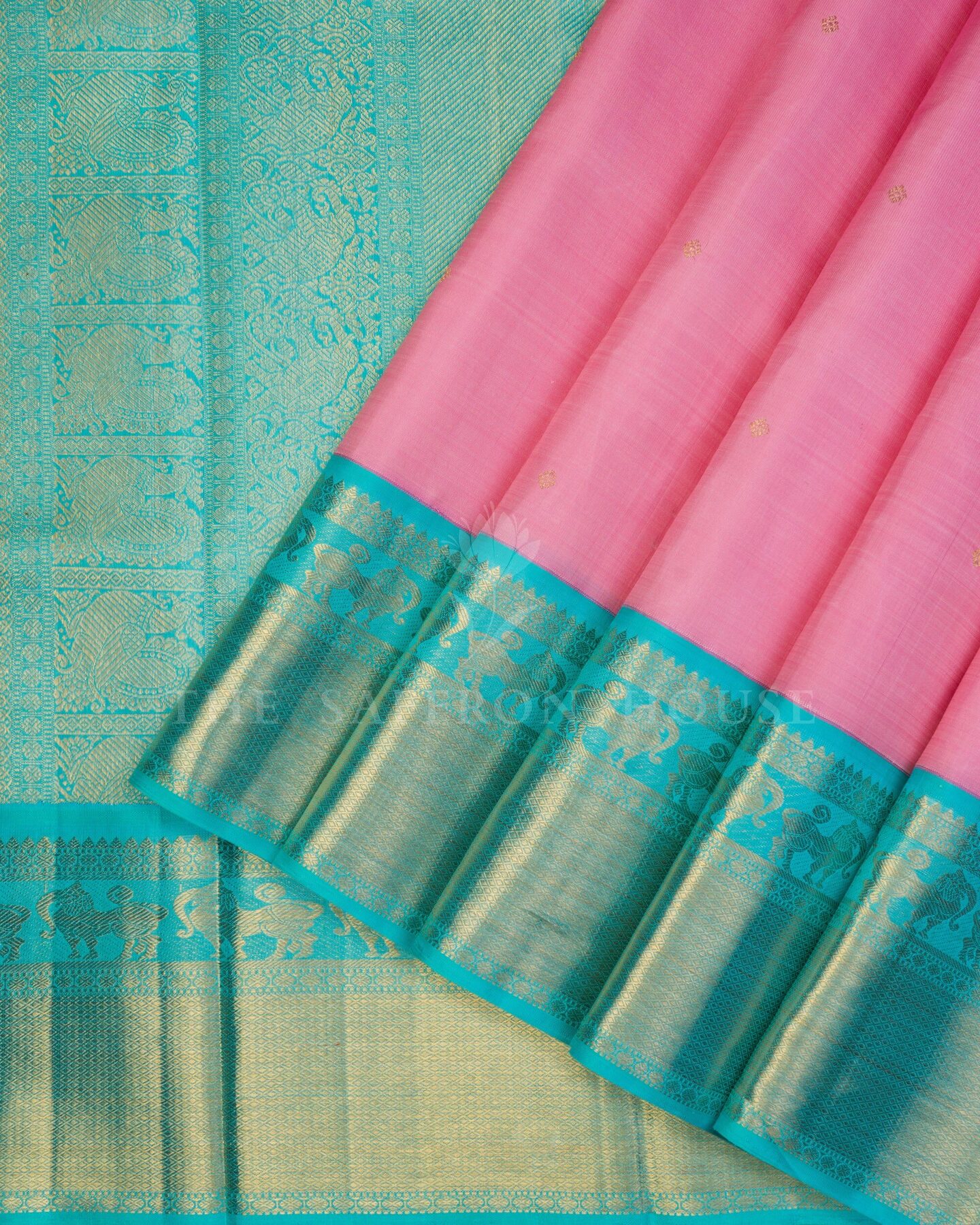 Blush Rose And Turquoise Korvai Kanjivaram Silk Saree