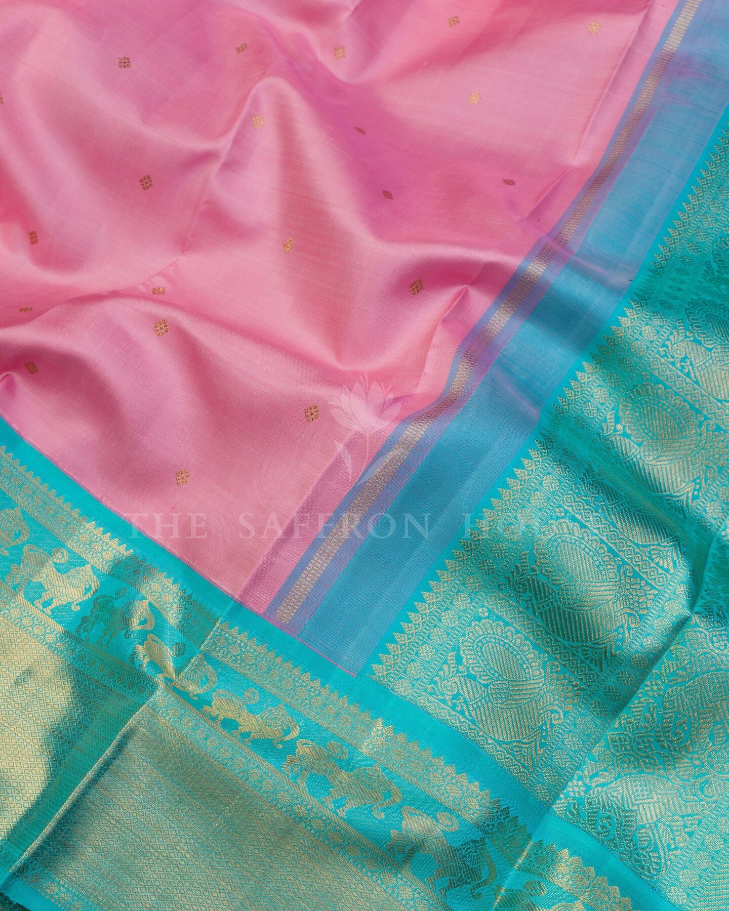 Blush Rose And Turquoise Korvai Kanjivaram Silk Saree – The Saffron House