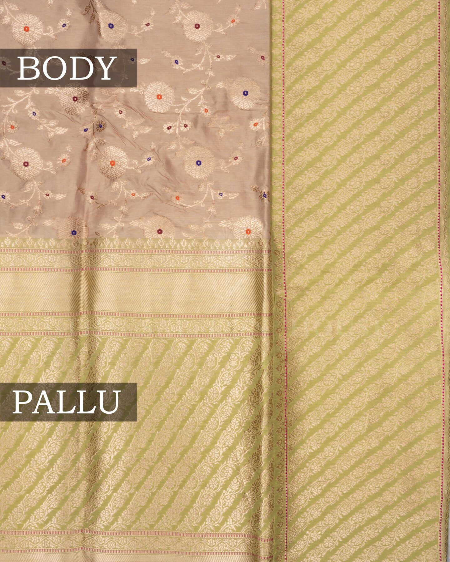 Sand Beige And Parrot Green Banarasi Silk Saree – The Saffron House
