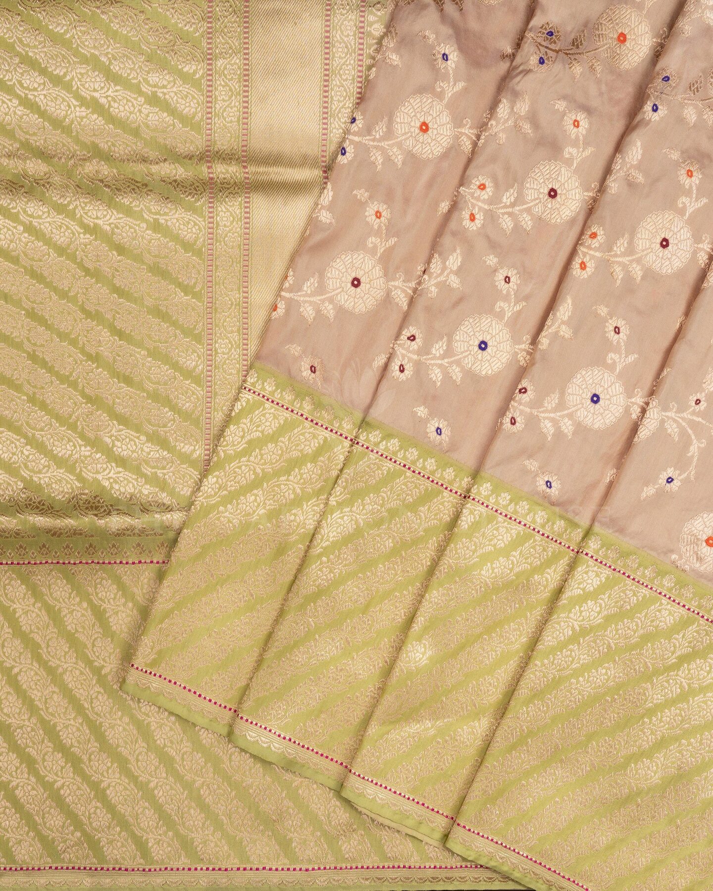 Sand Beige And Parrot Green Banarasi Silk Saree – The Saffron House