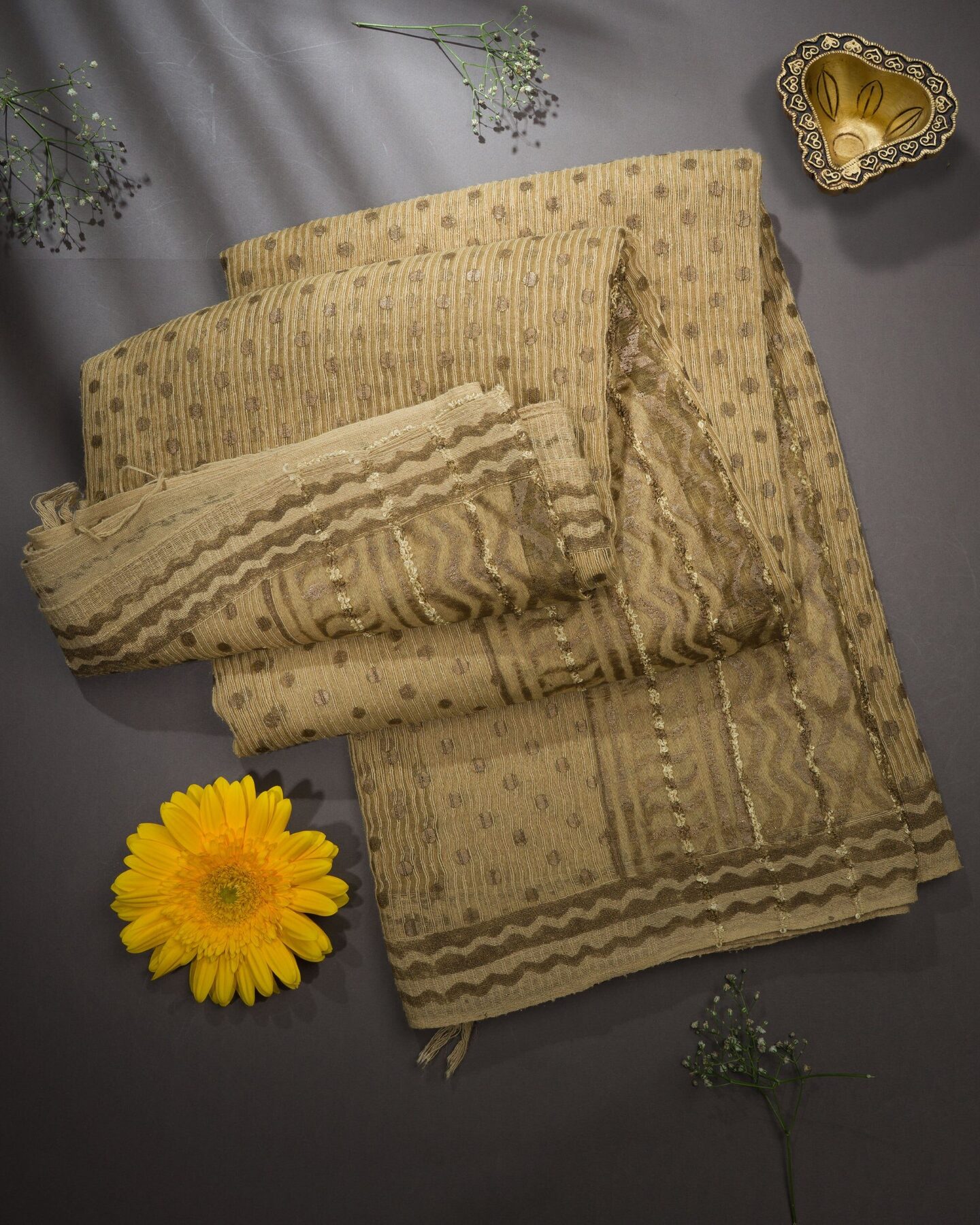 Sand Beige Tussar Organza Saree – The Saffron House