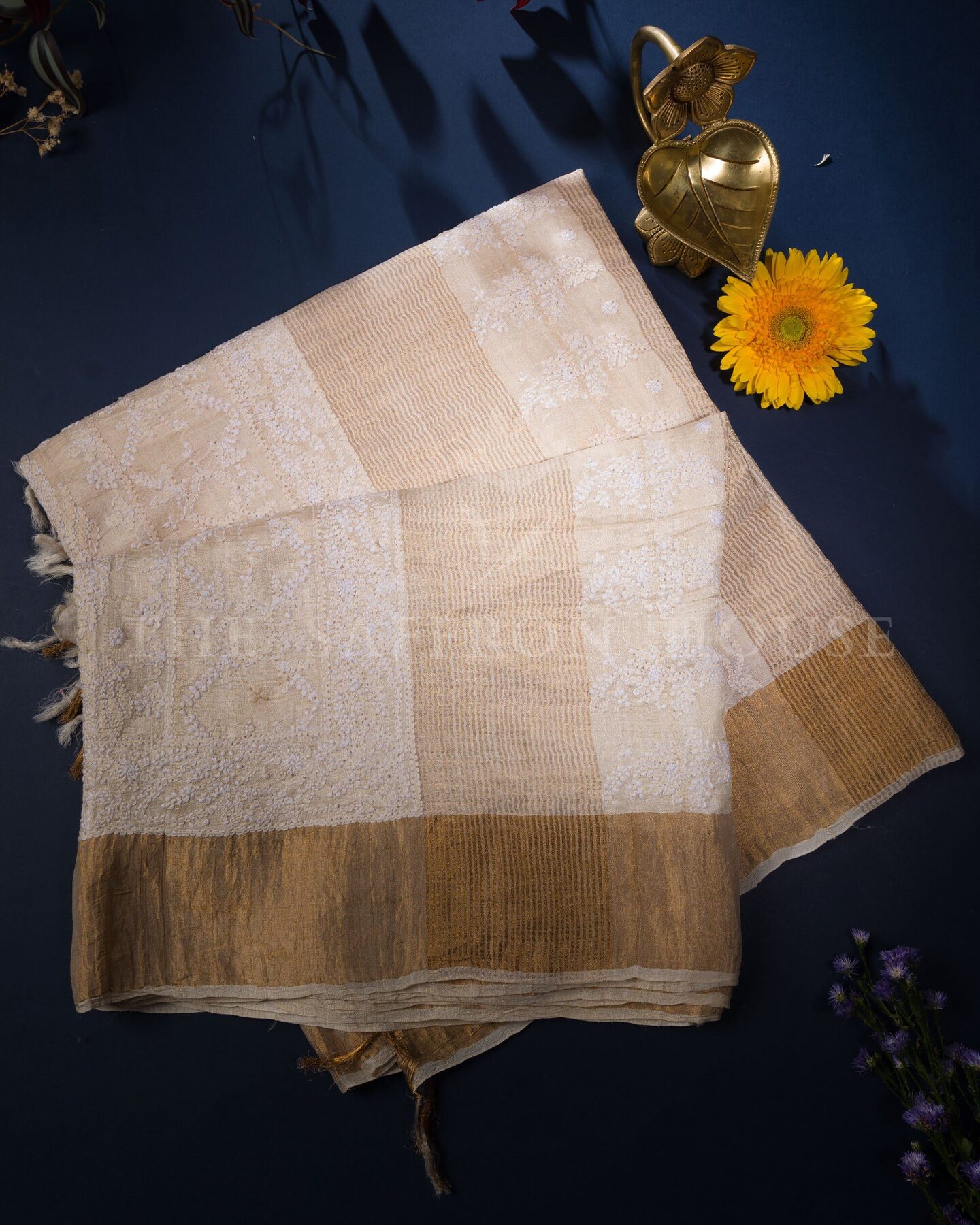 Sand Beige Chikankari Tussar Silk Saree – The Saffron House