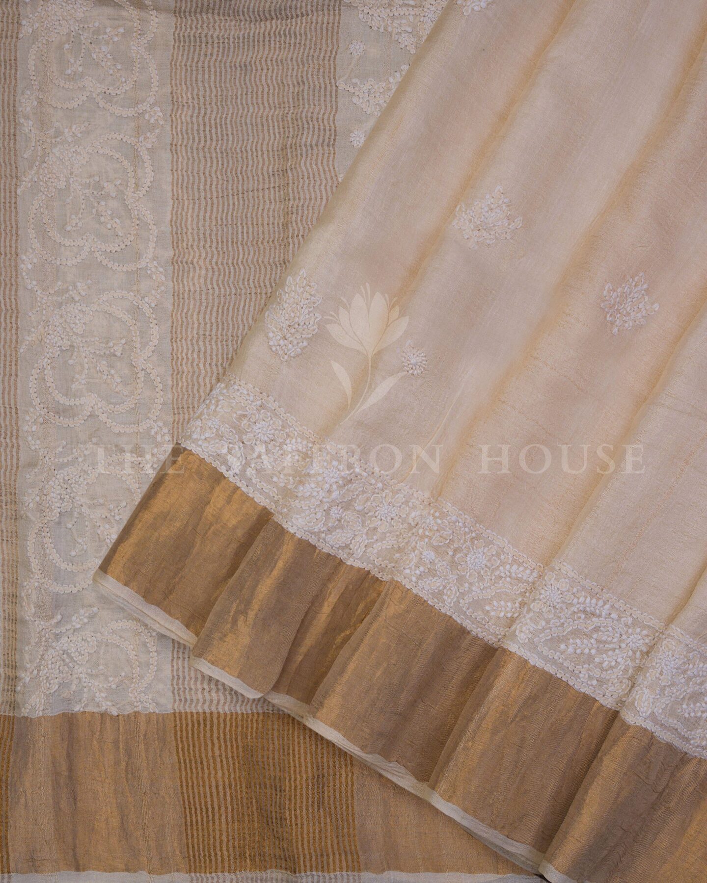 Sand Beige Chikankari Tussar Silk Saree – The Saffron House