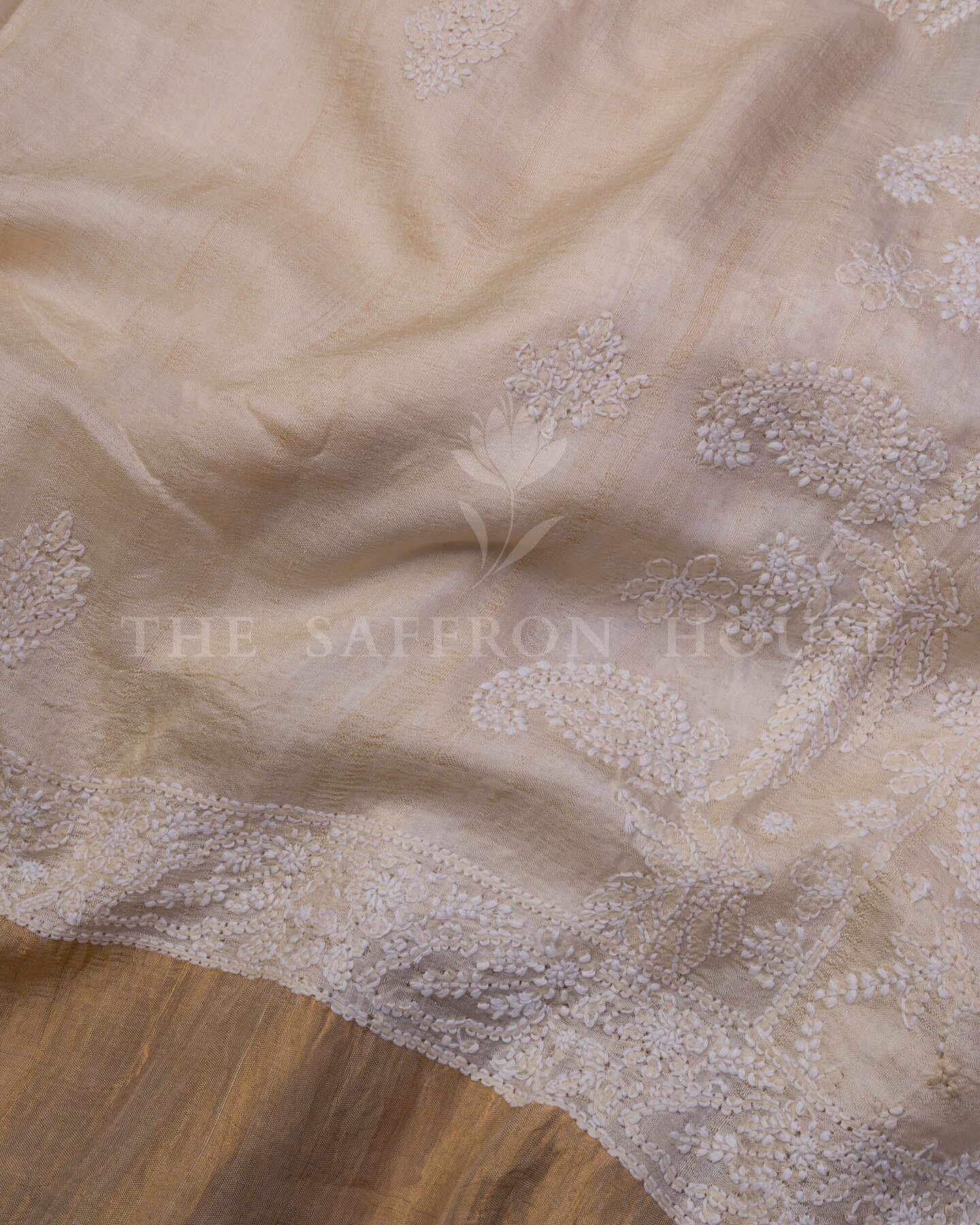 Sand Beige Chikankari Tussar Silk Saree – The Saffron House