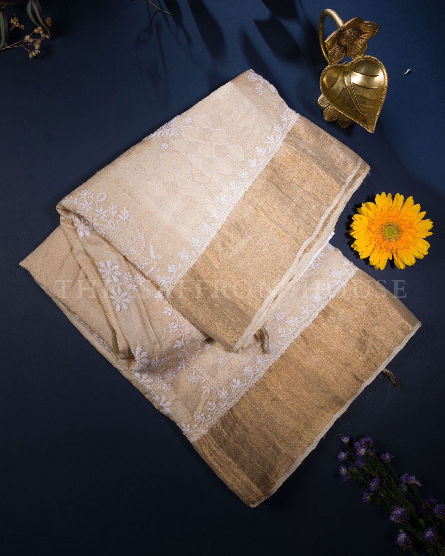 Sand Beige And Warm Brown Chikankari Tussar Silk Saree – The Saffron House