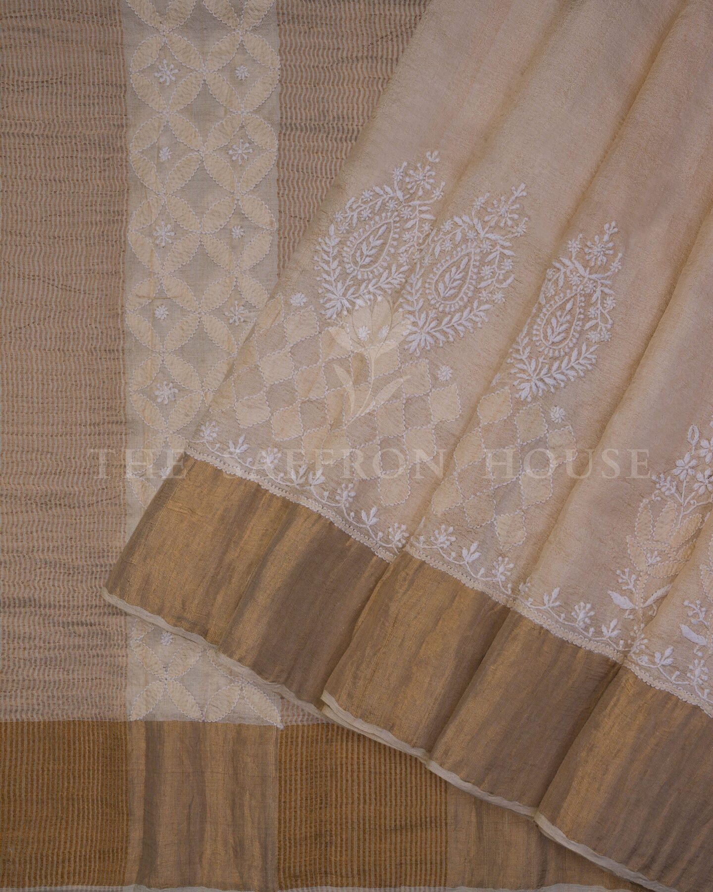 Sand Beige And Warm Brown Chikankari Tussar Silk Saree – The Saffron House