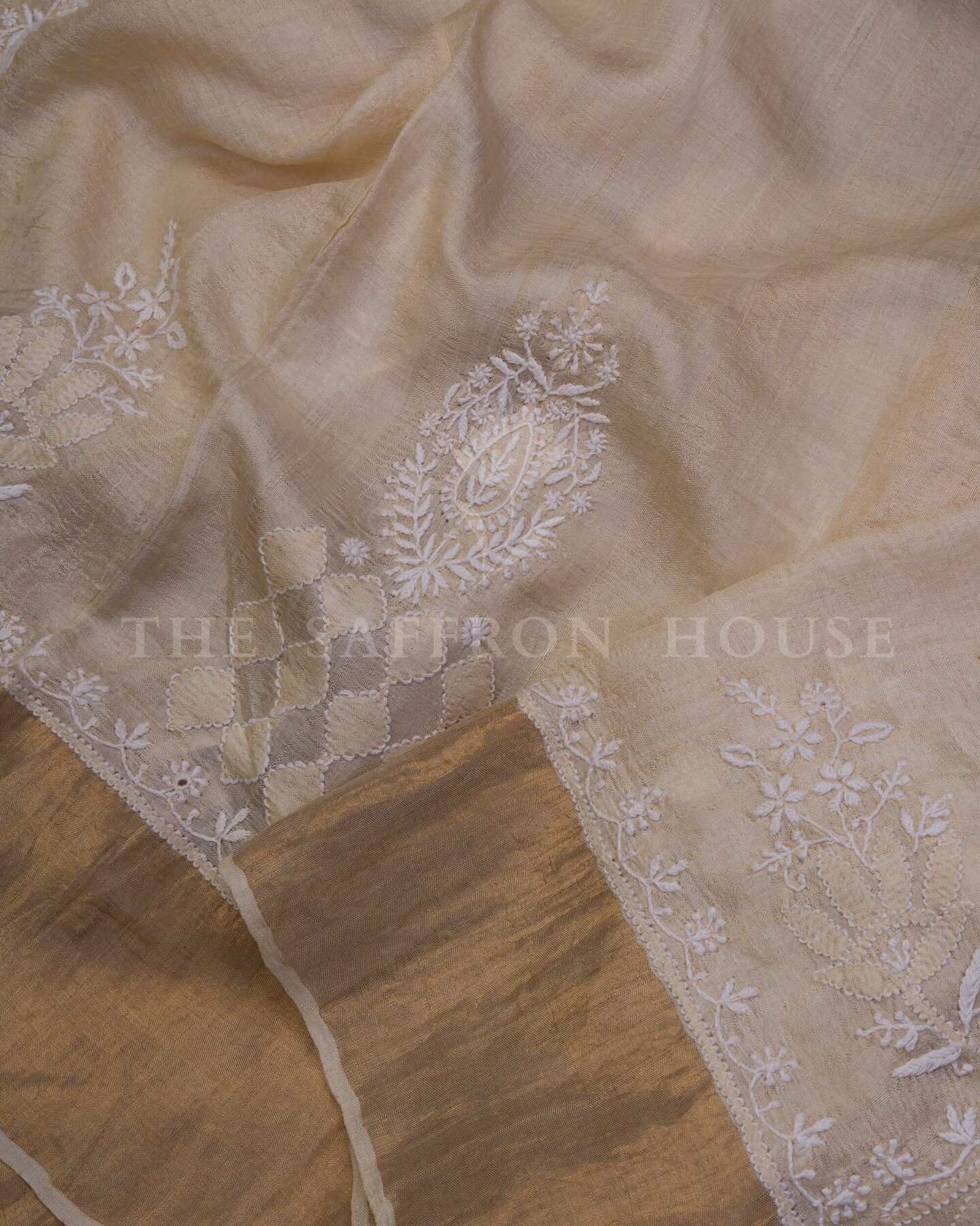 Sand Beige And Warm Brown Chikankari Tussar Silk Saree – The Saffron House