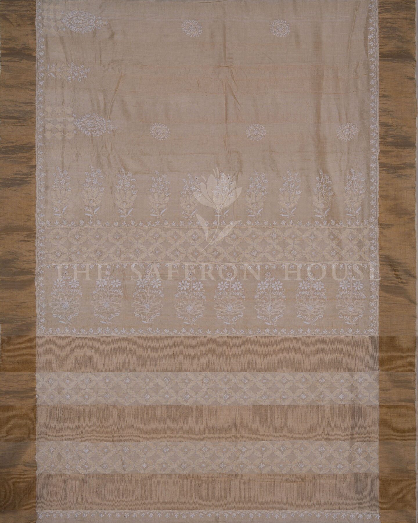 Sand Beige And Warm Brown Chikankari Tussar Silk Saree – The Saffron House